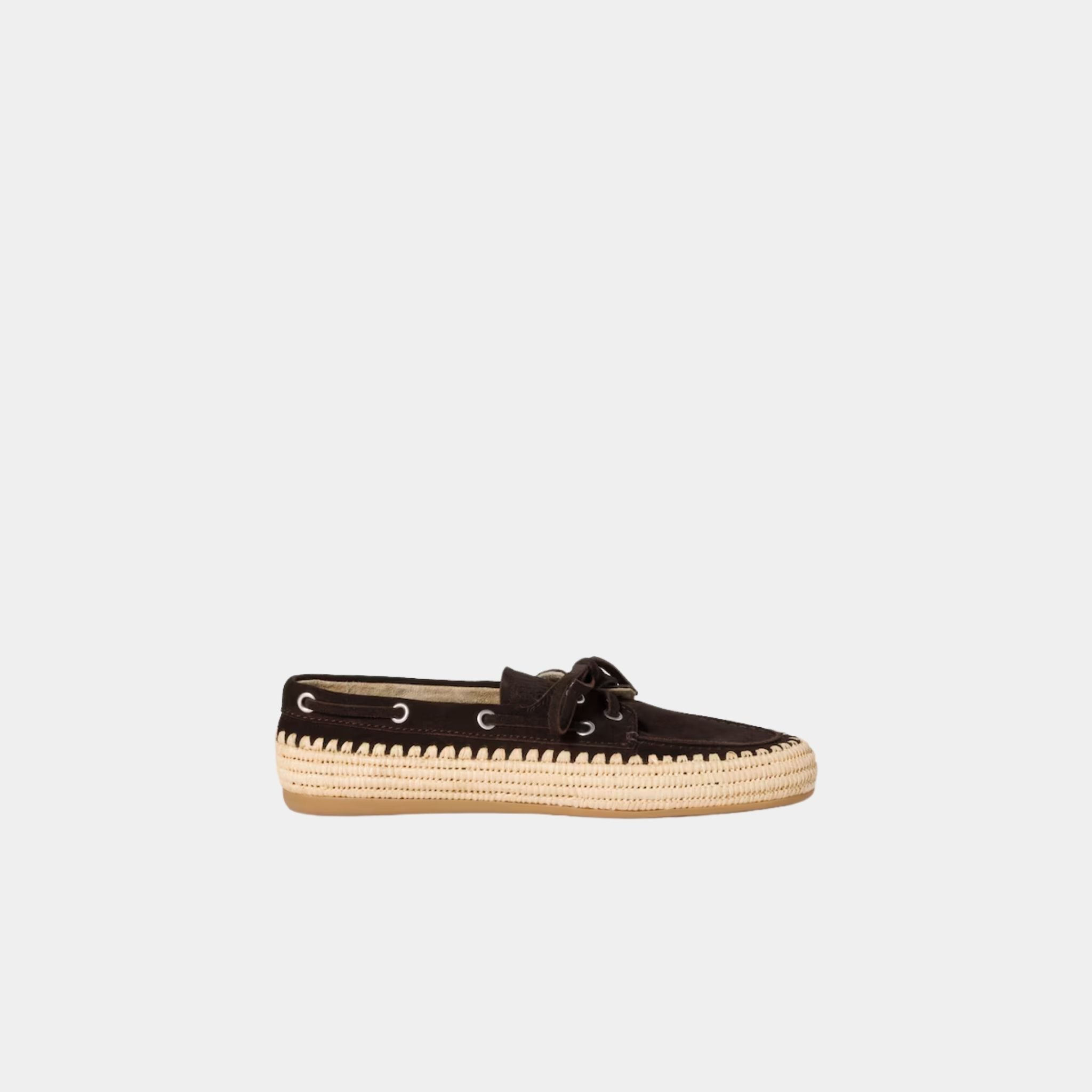 Miu Miu Suede and Raffia Boat Shoes, Dark Brown, Side