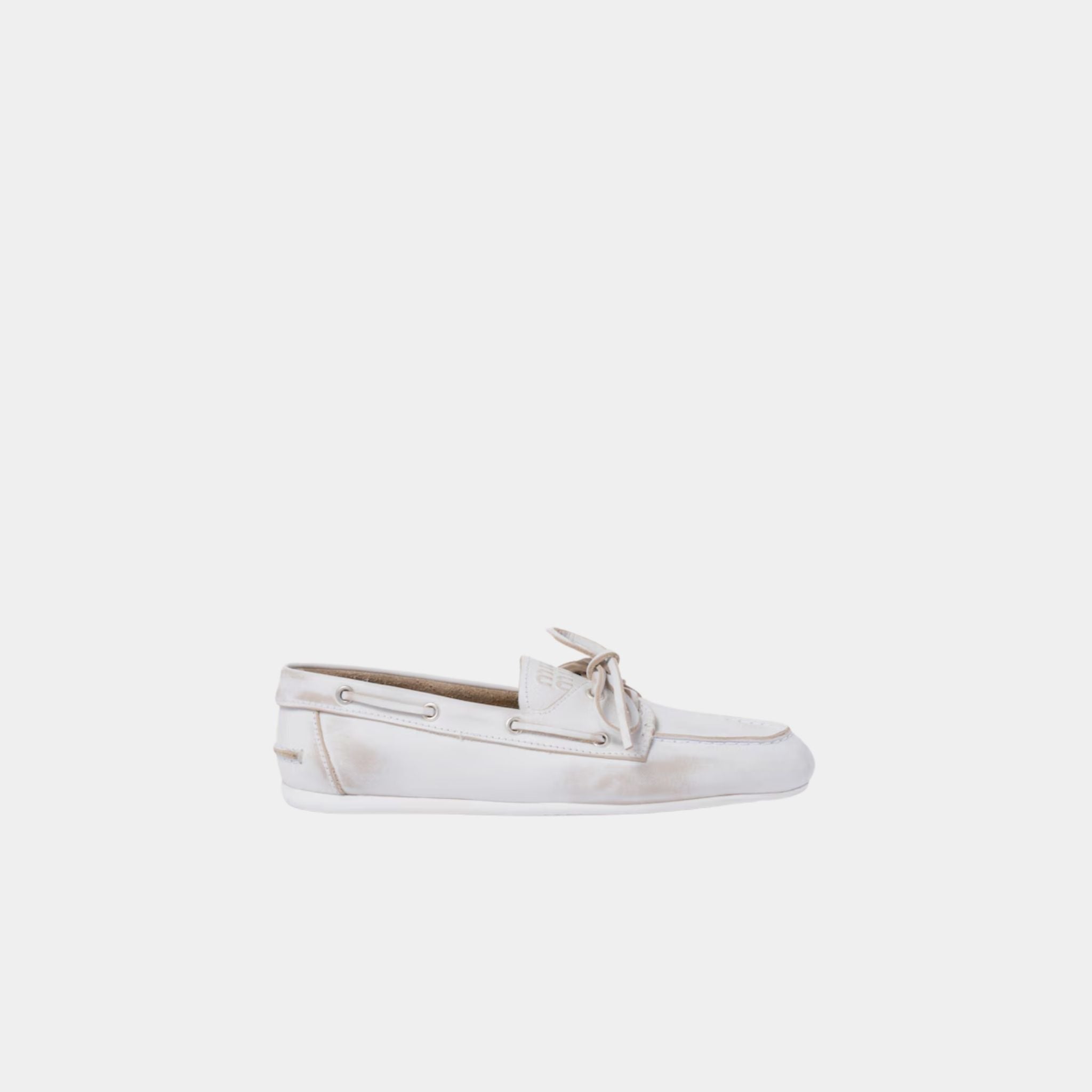 Miu Miu Unlined Bleached Leather Boat Shoes, White, Side