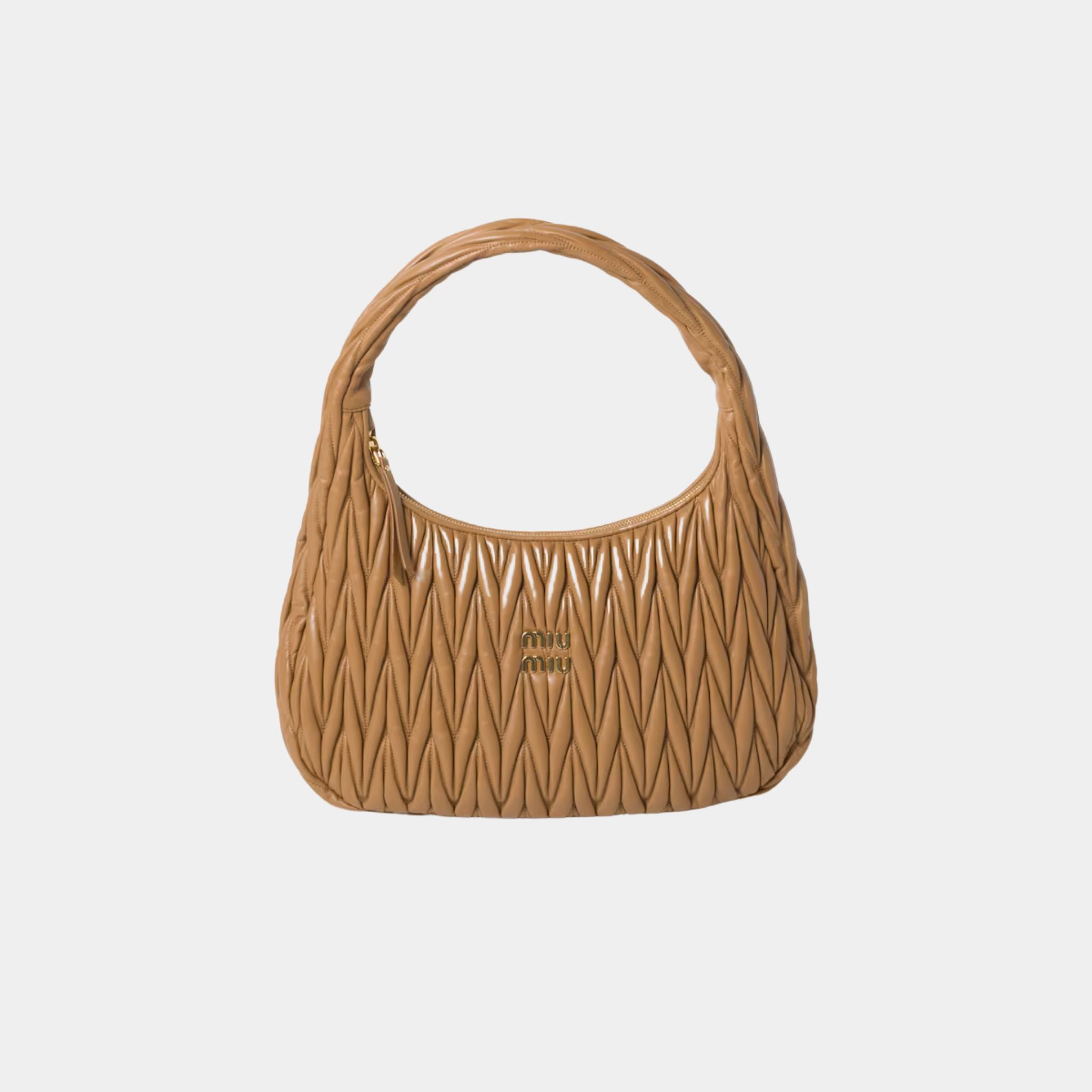 Miu Miu Wander Matelassé Nappa Leather Hobo Medium Bag, Caramel, Front