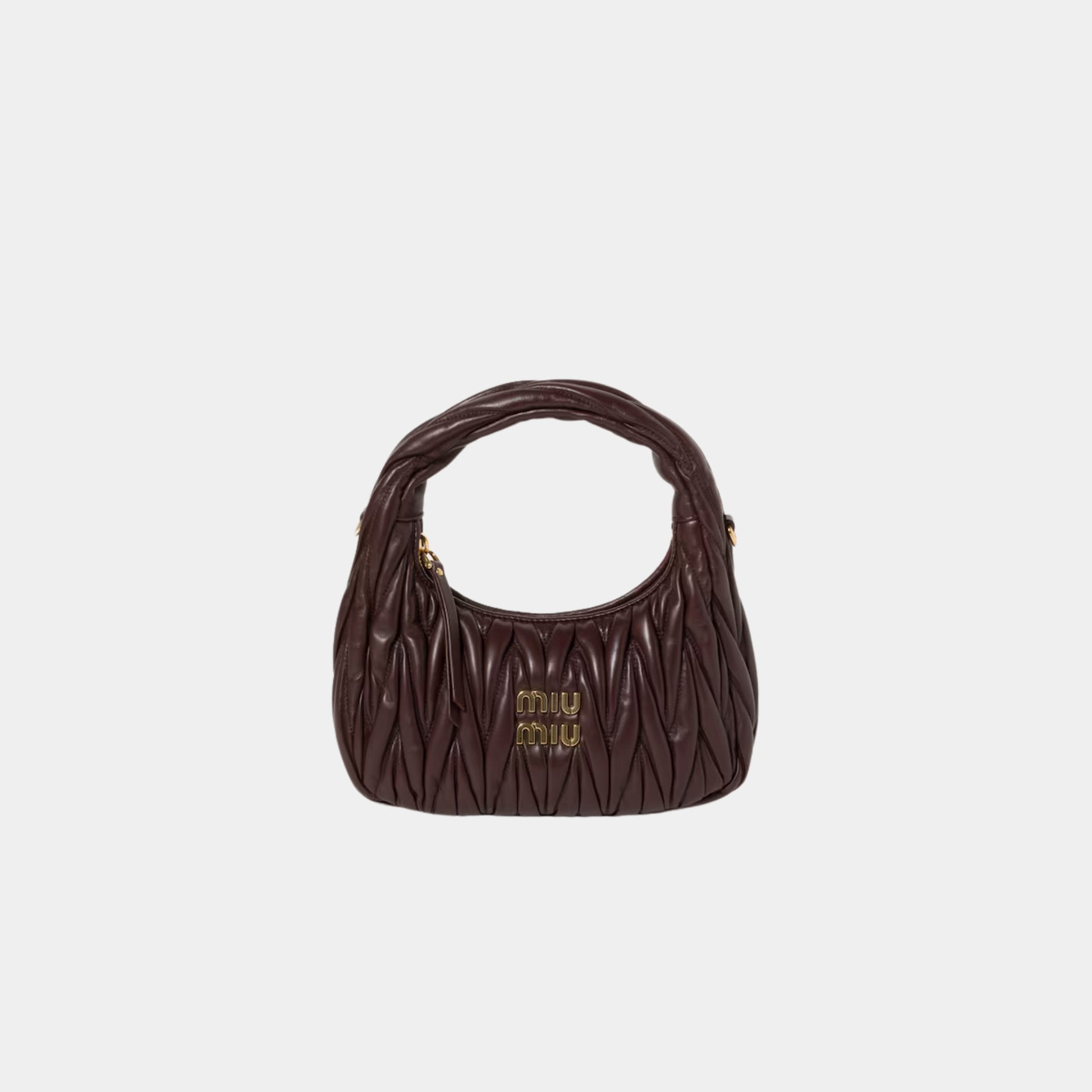 Miu Miu Wander Matelasse Nappa Leather Hobo Small Bag, Briarwood, Front