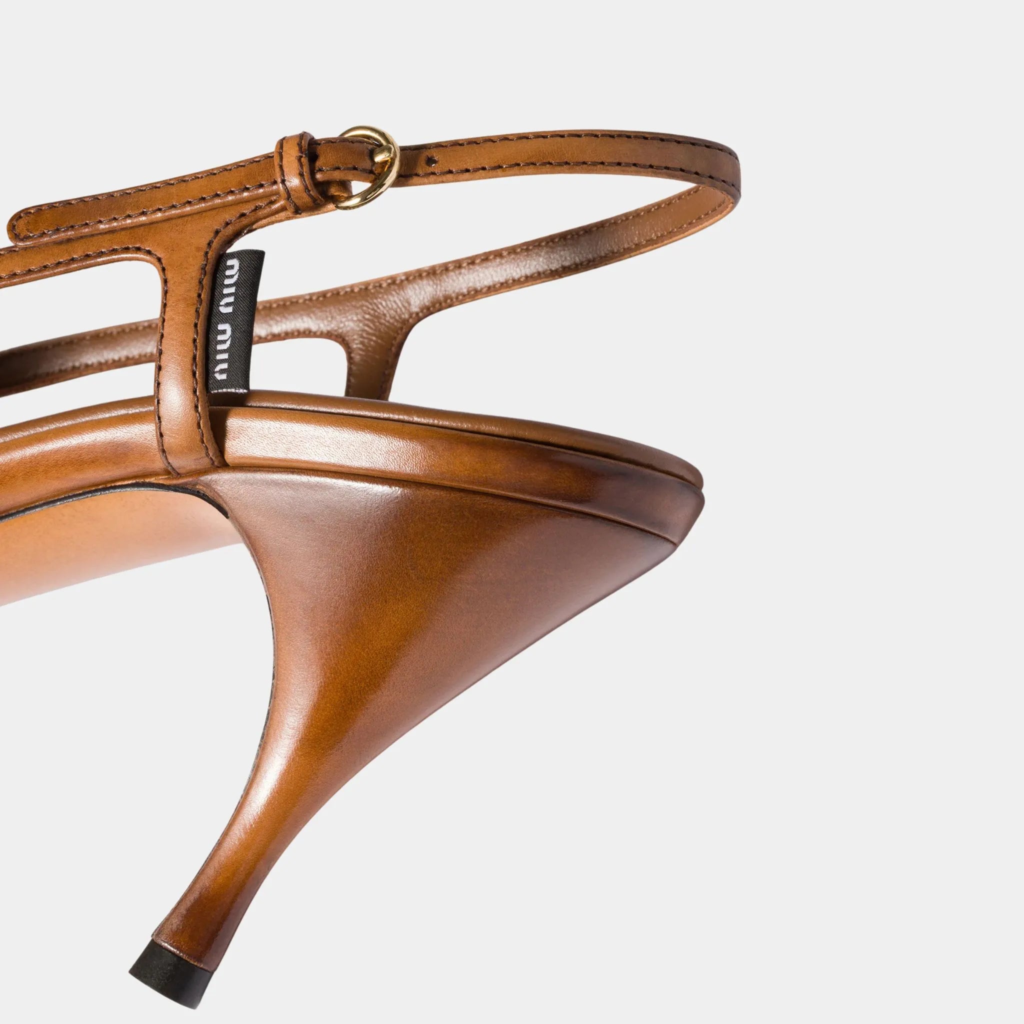 Miu Miu Waxed Calf Leather Slingback Pumps, Cognac, Back, Close