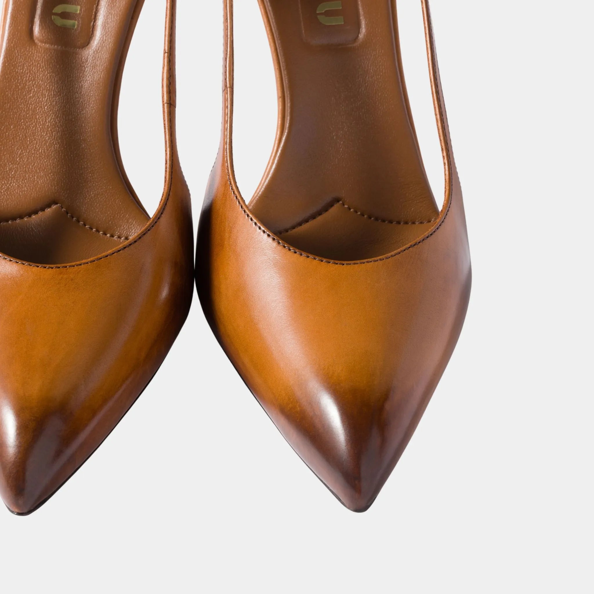Miu Miu Waxed Calf Leather Slingback Pumps, Cognac, Front, Close