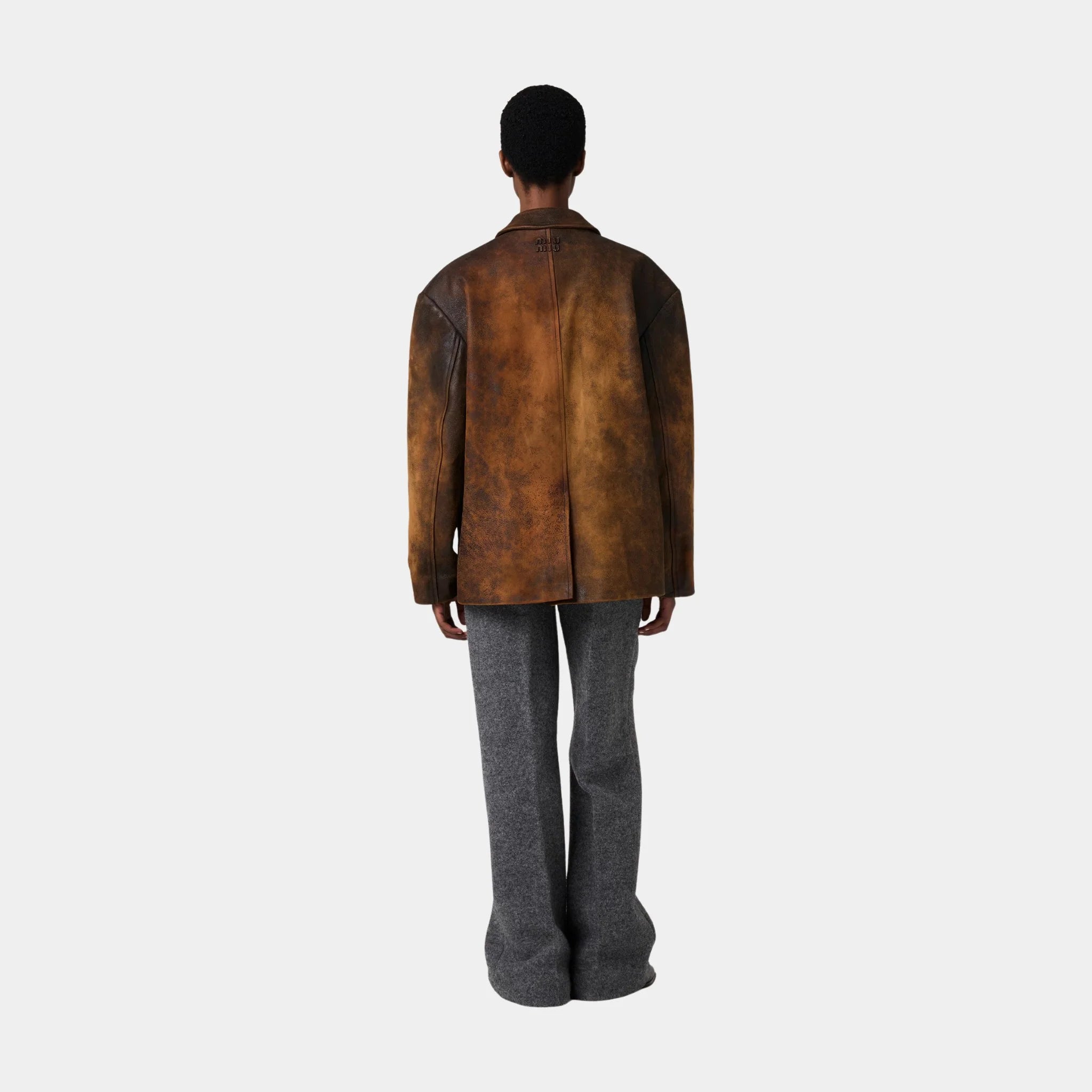 Miu Miu Waxed Suede Leather Buttoned Jacket, Cognac, Model, Back