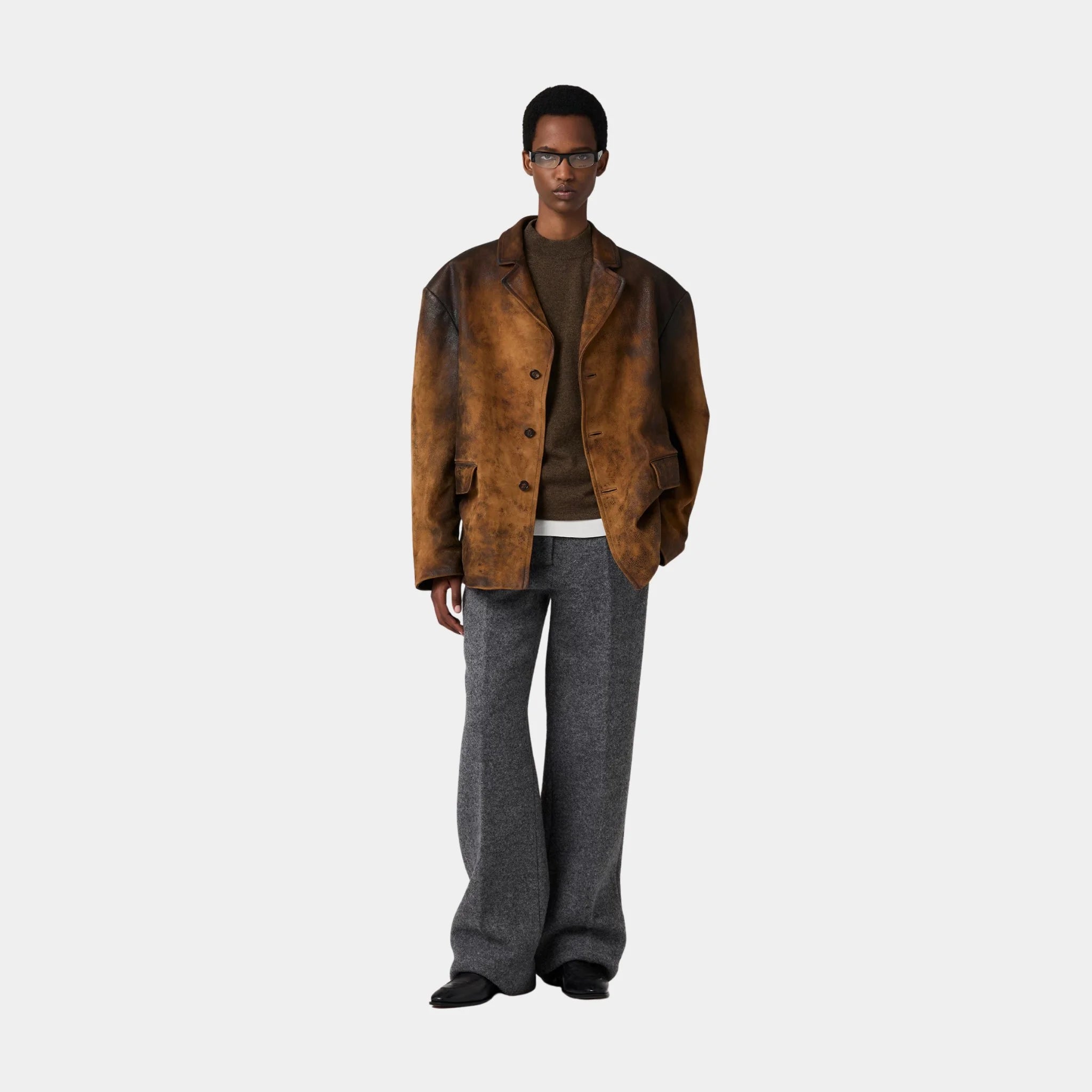 Miu Miu Waxed Suede Leather Buttoned Jacket, Cognac, Model, Front