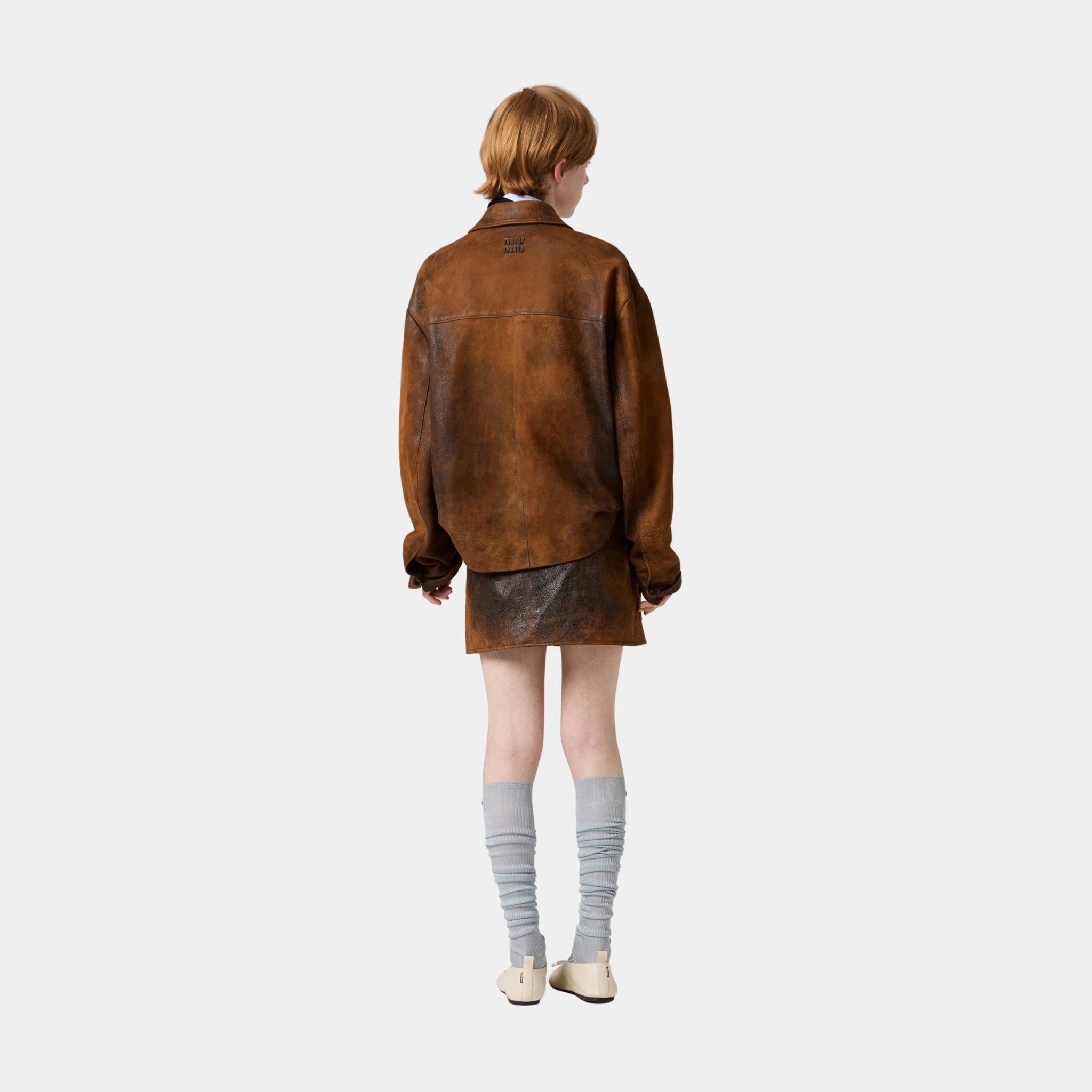 Miu Miu Waxed Suede Leather Jacket, Cognac, Model, Back