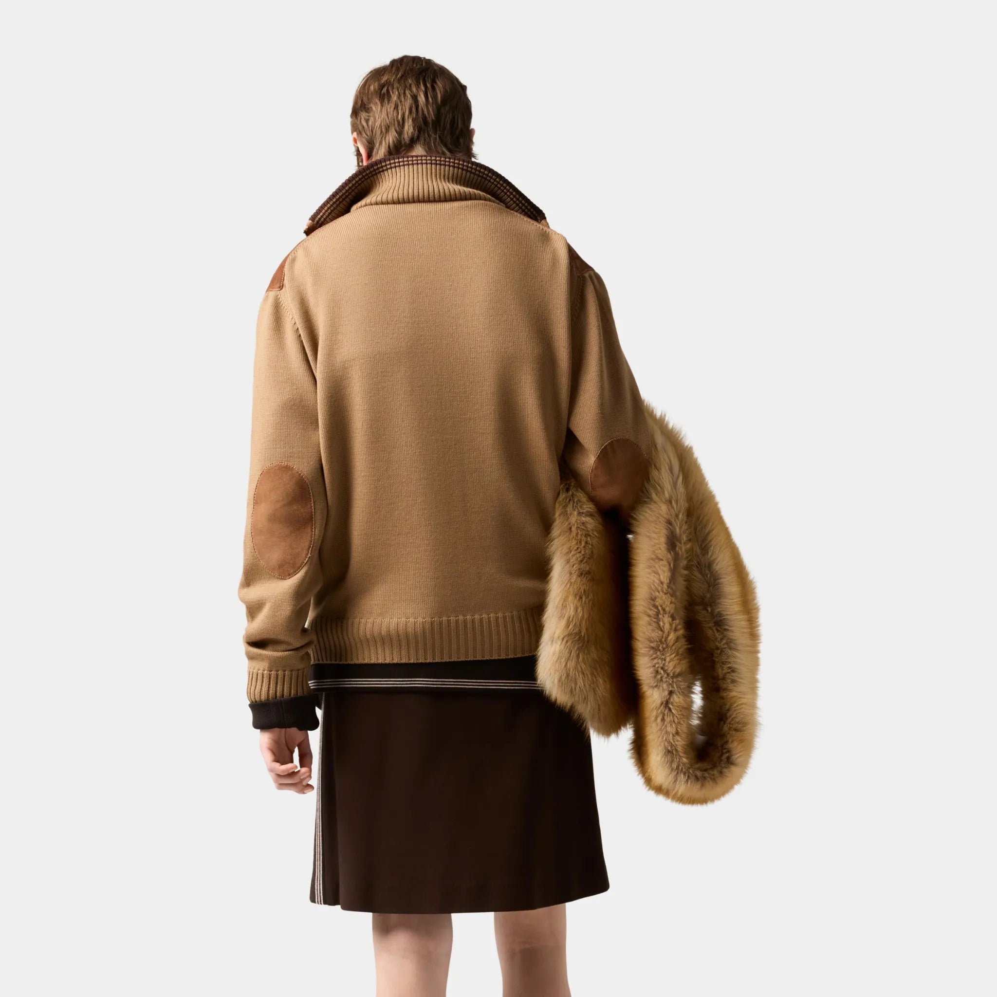 Miu Miu Wool and Leather Zipper Cardigan, Camel, Cinnamon, Model, Back