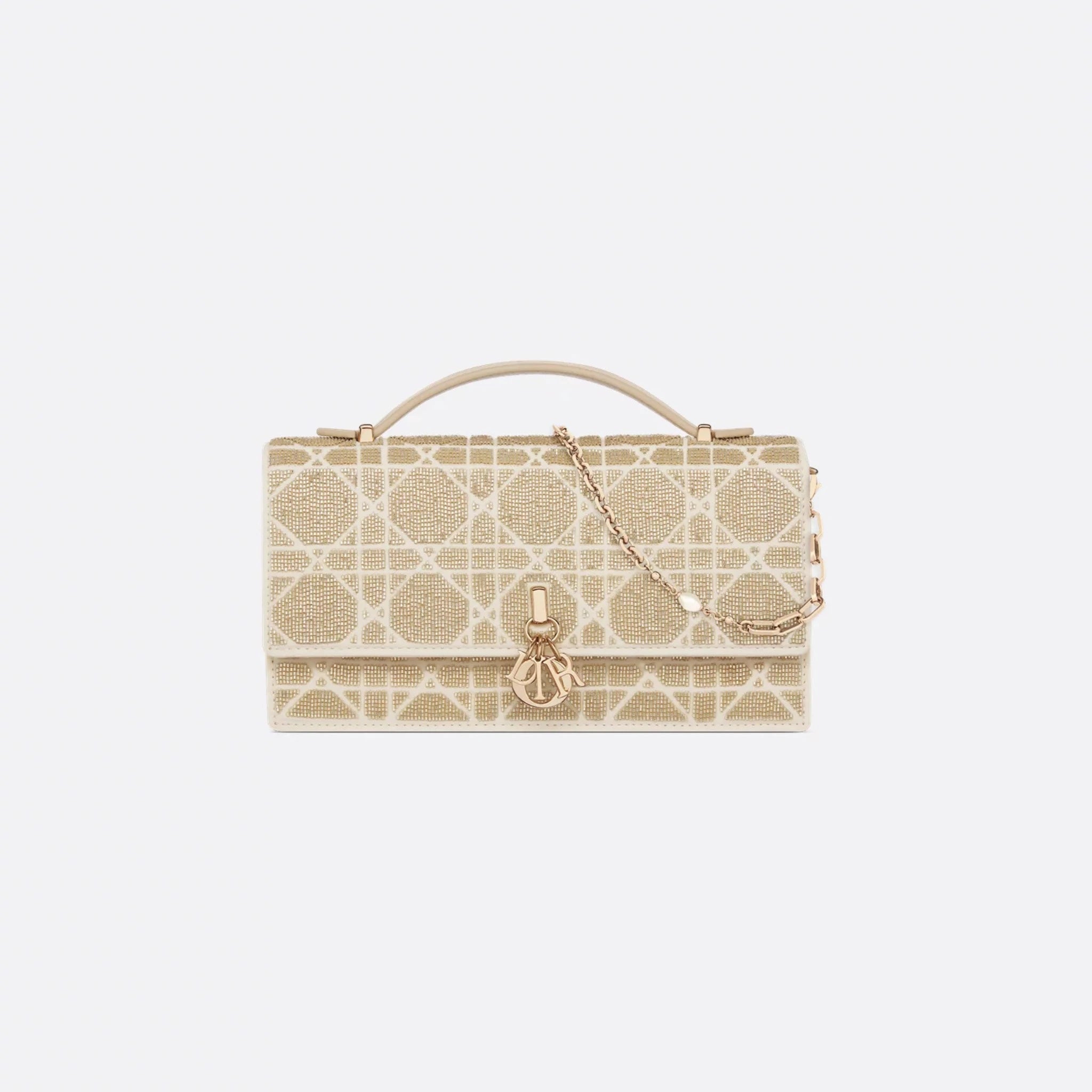 Dior Or My Dior Mini Bag Microbead-Embroidered Cotton, Light Ivory, Front