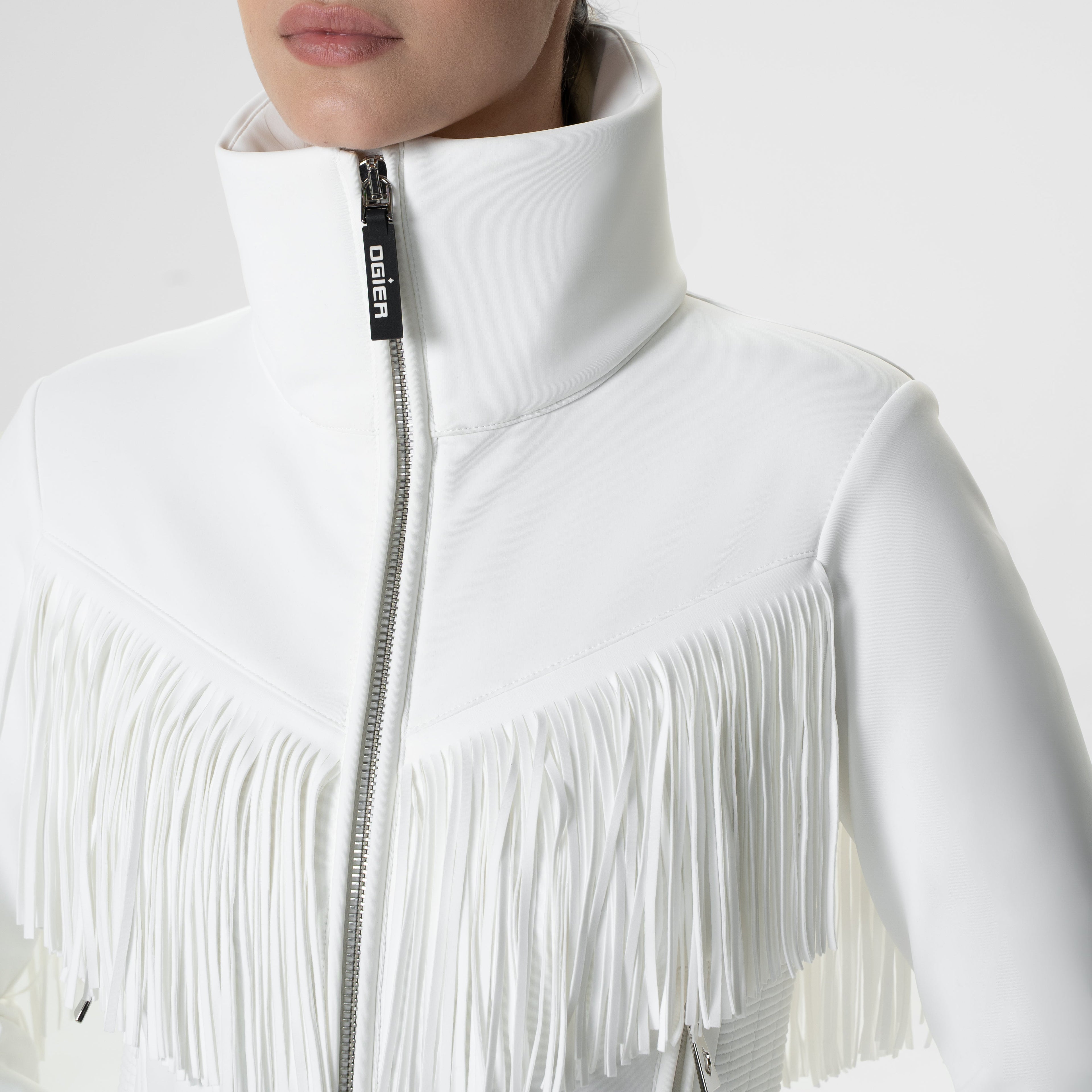Orgier Tuta Tassel Ski One Piece, White , Closeup Model