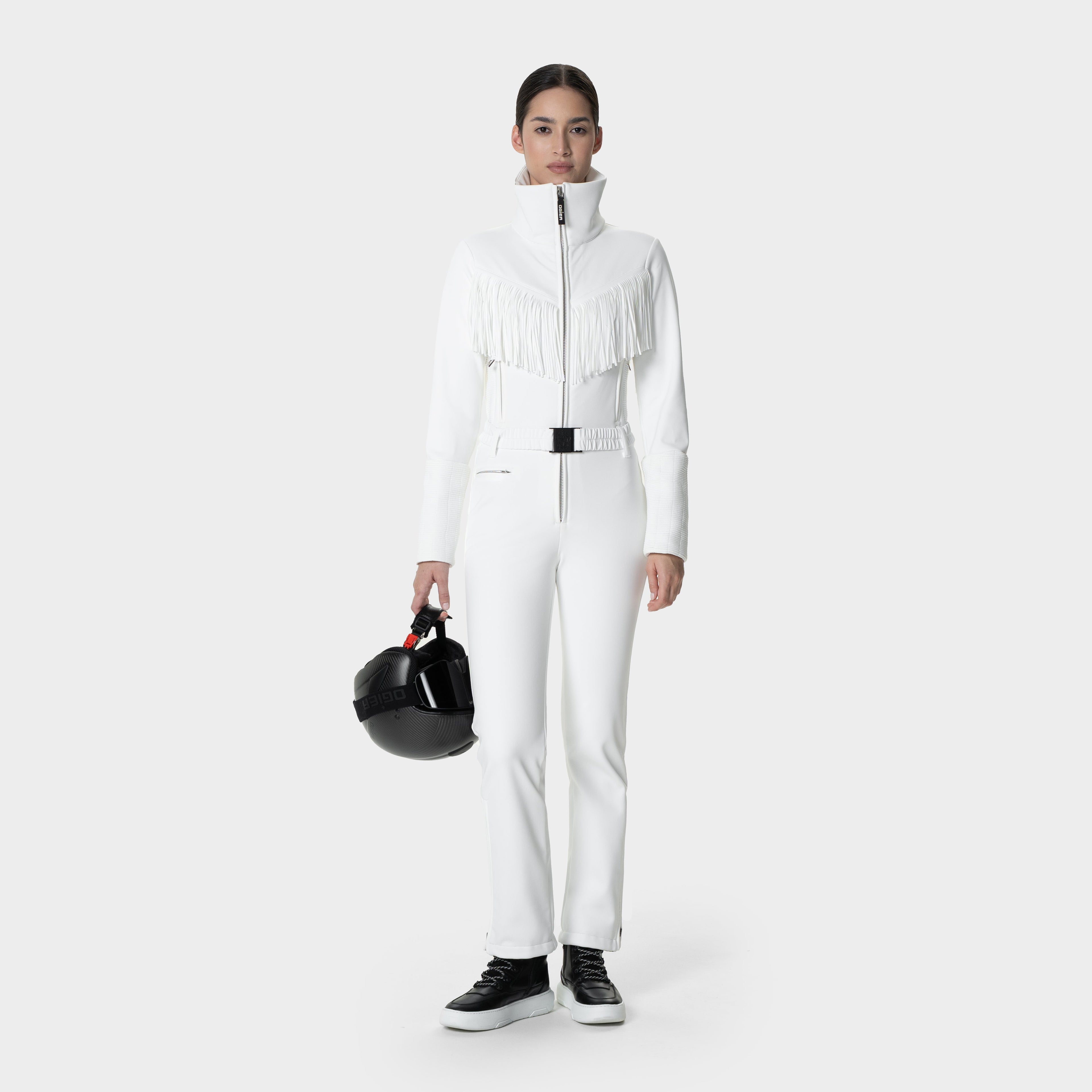 Orgier Tuta Tassel Ski One Piece, White , Front Model