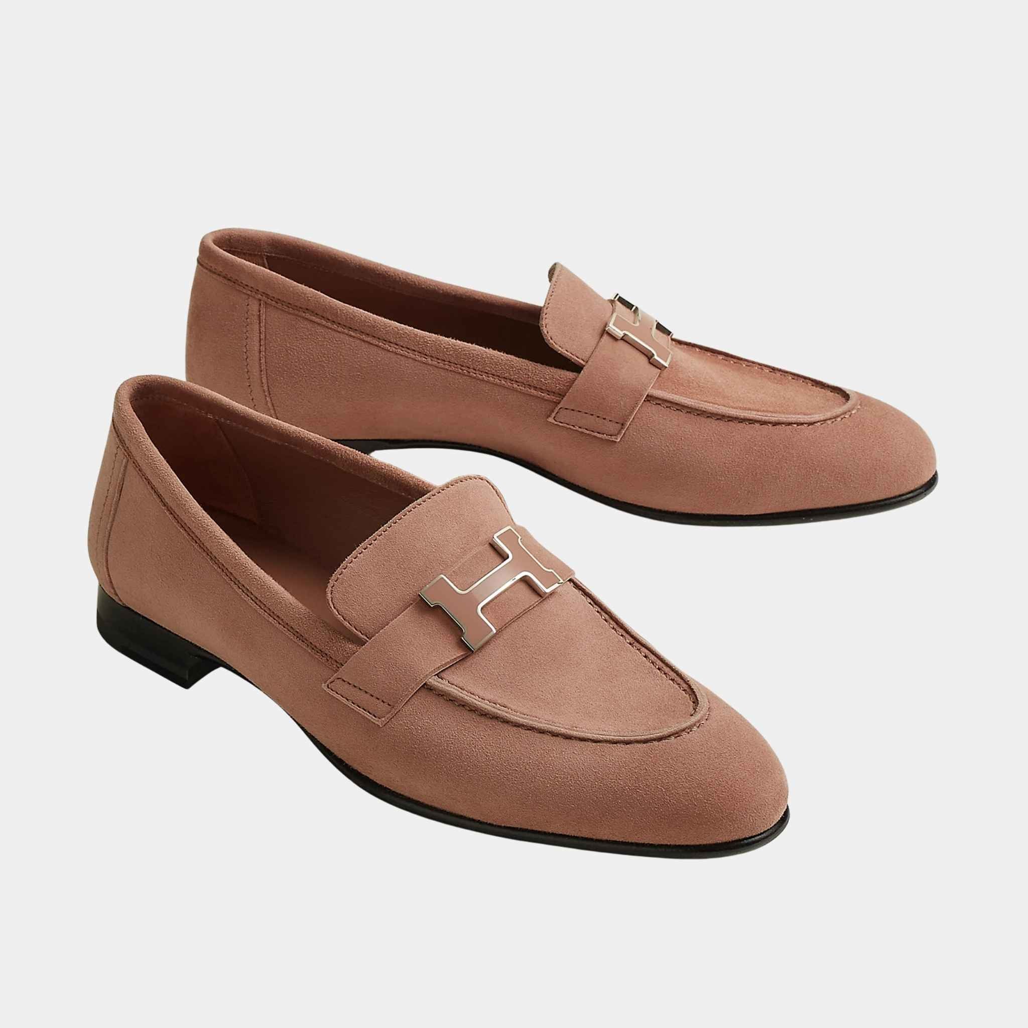 Hermes Paris Loafer in Suede Goatskin Women, Rose Perle, Front