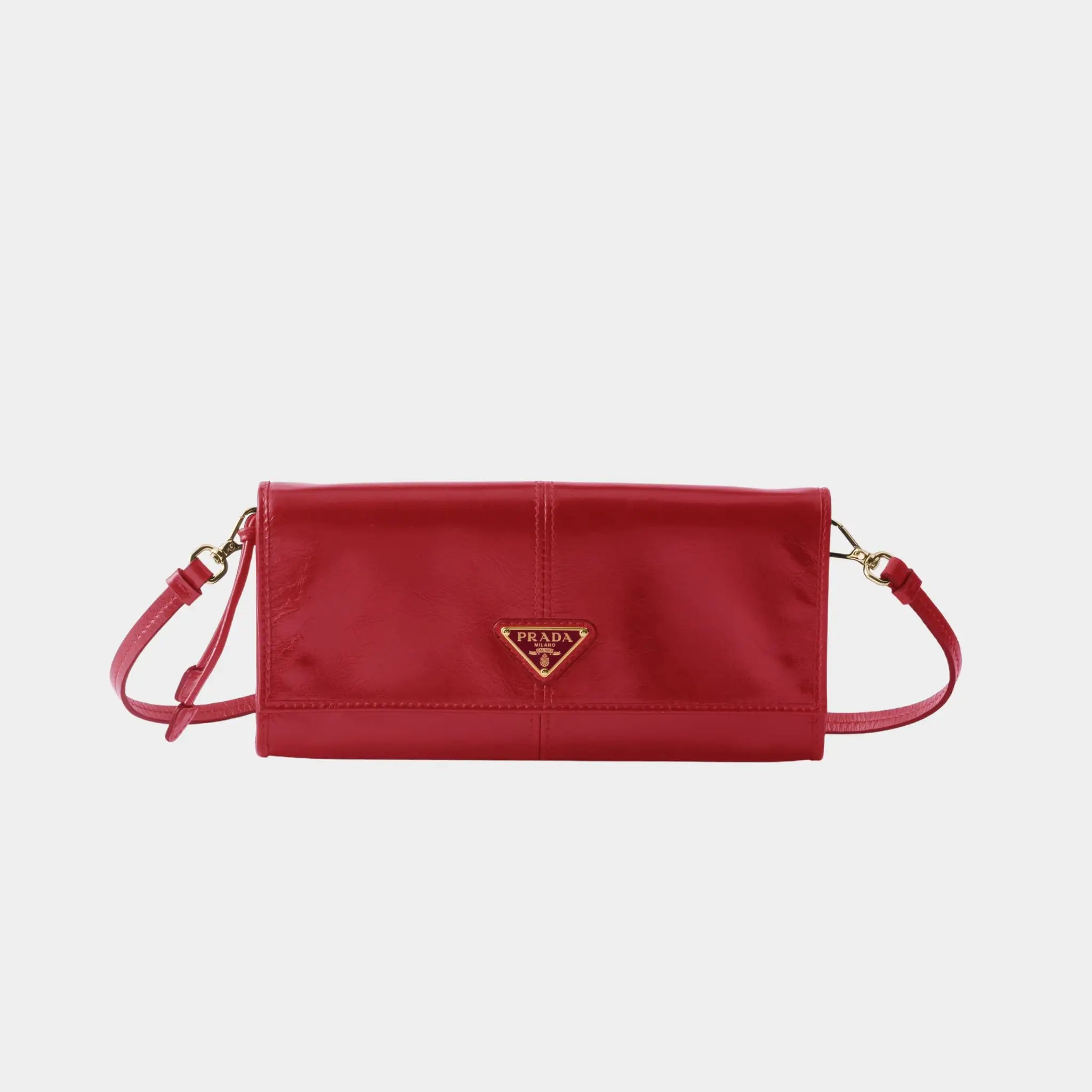 Prada Leather wallet with shoulder strap, Red , Front