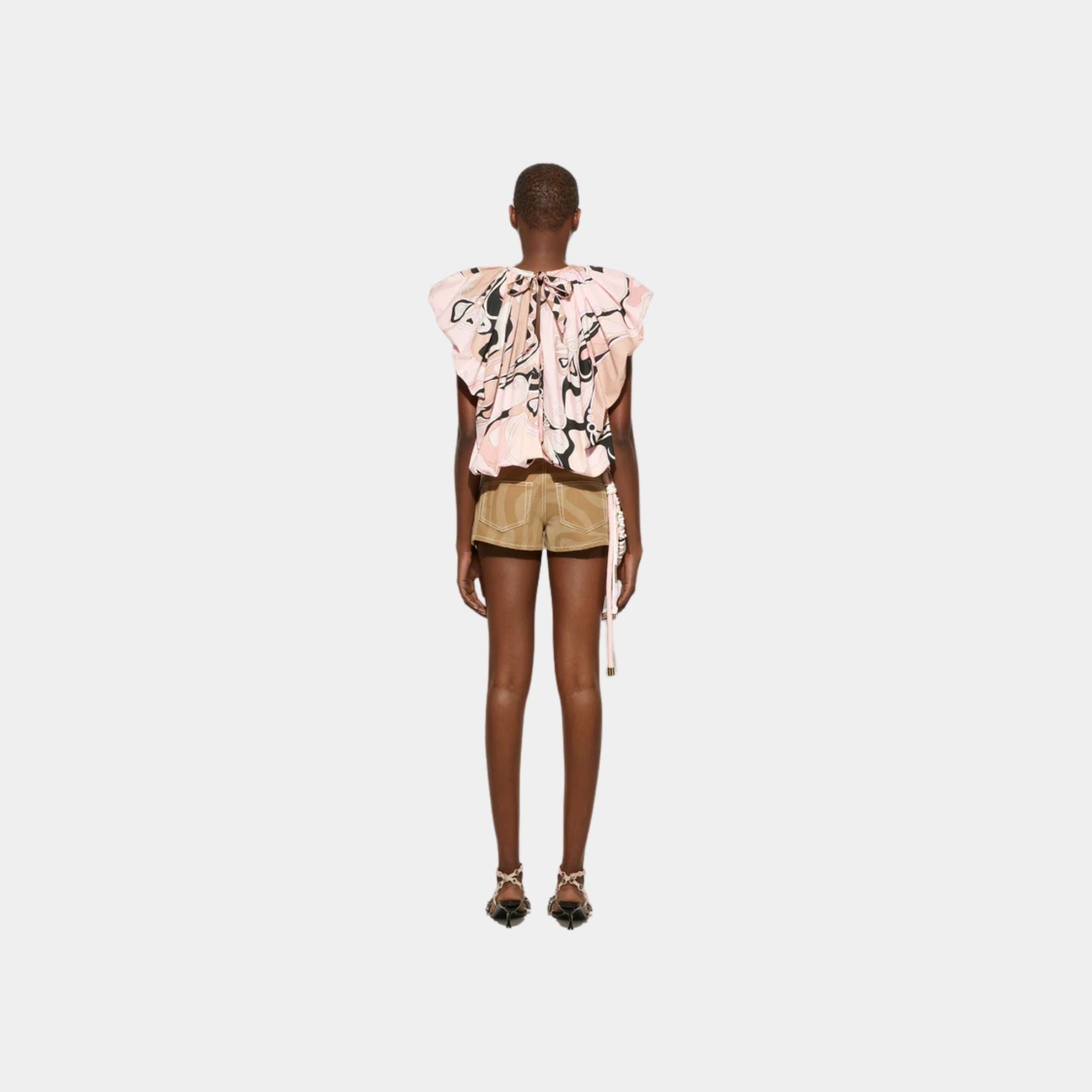 Pucci Marmo Print Canvas High Waist Cotton Shorts, Sand, Back