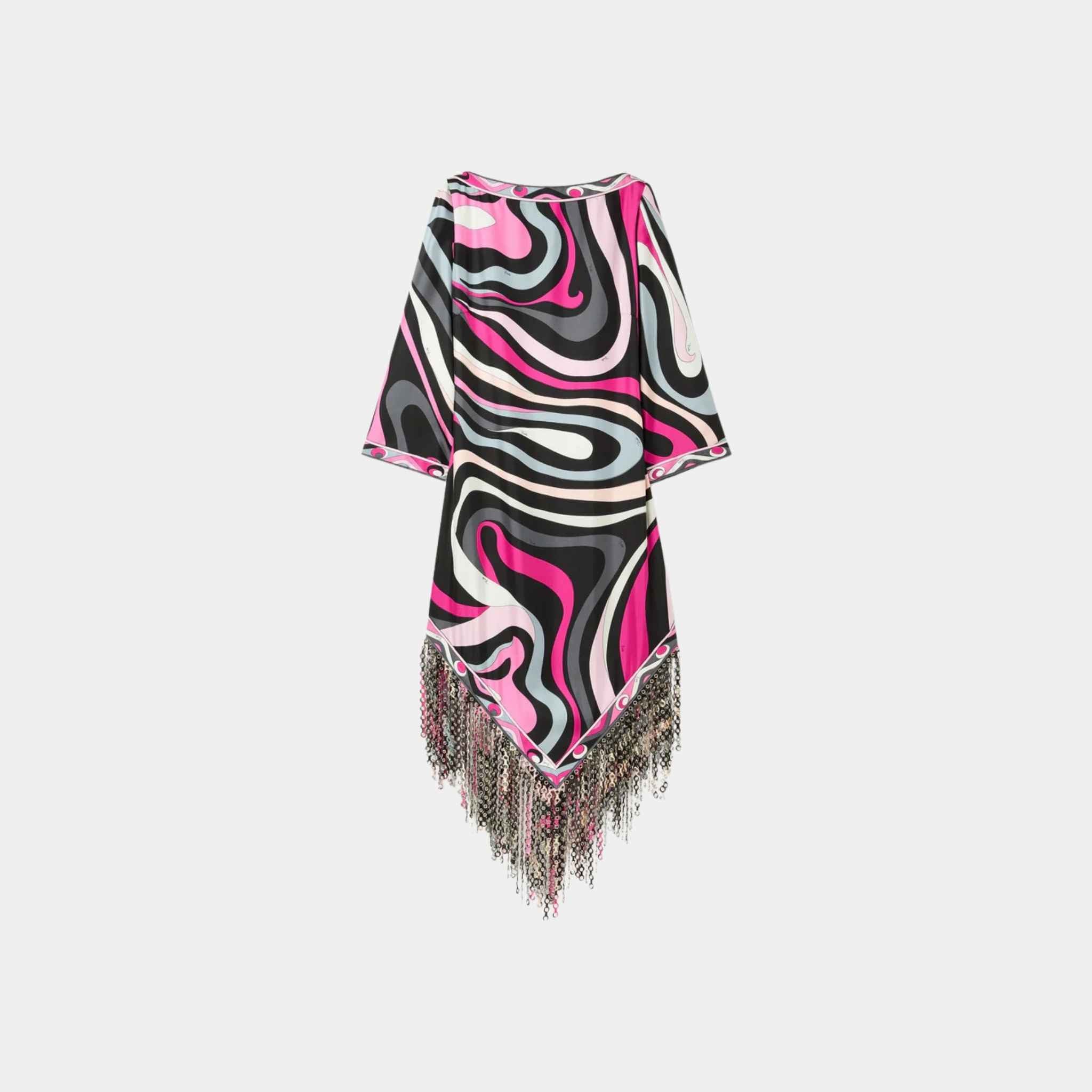 Pucci Marmo Print Dress With Fringes, Black, Fuchsia, Front
