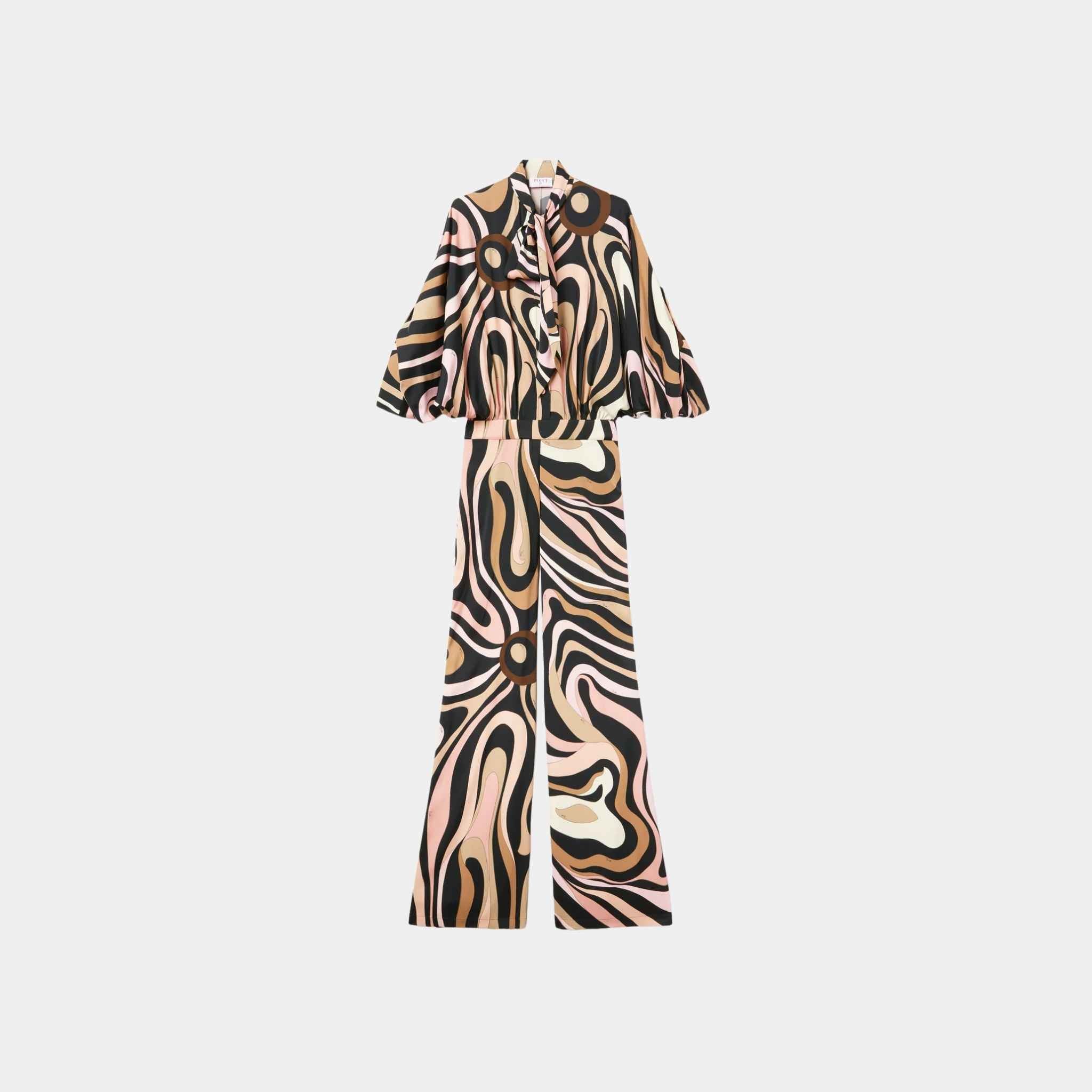 Pucci Marmo Print Jumpsuit With Satin Weave And Matte Trim, Black, Nude, Front