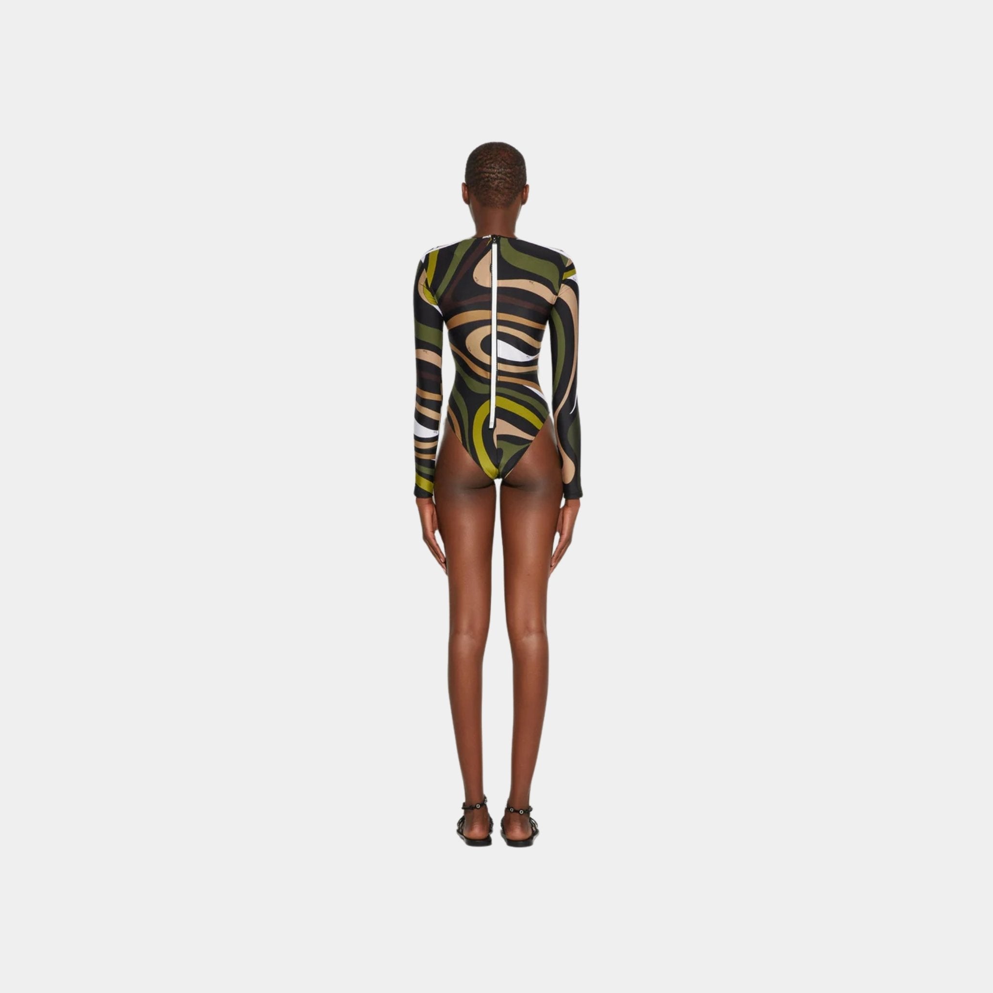 Pucci Marmo Print Long Sleeve Swimsuit, Khaki, Back