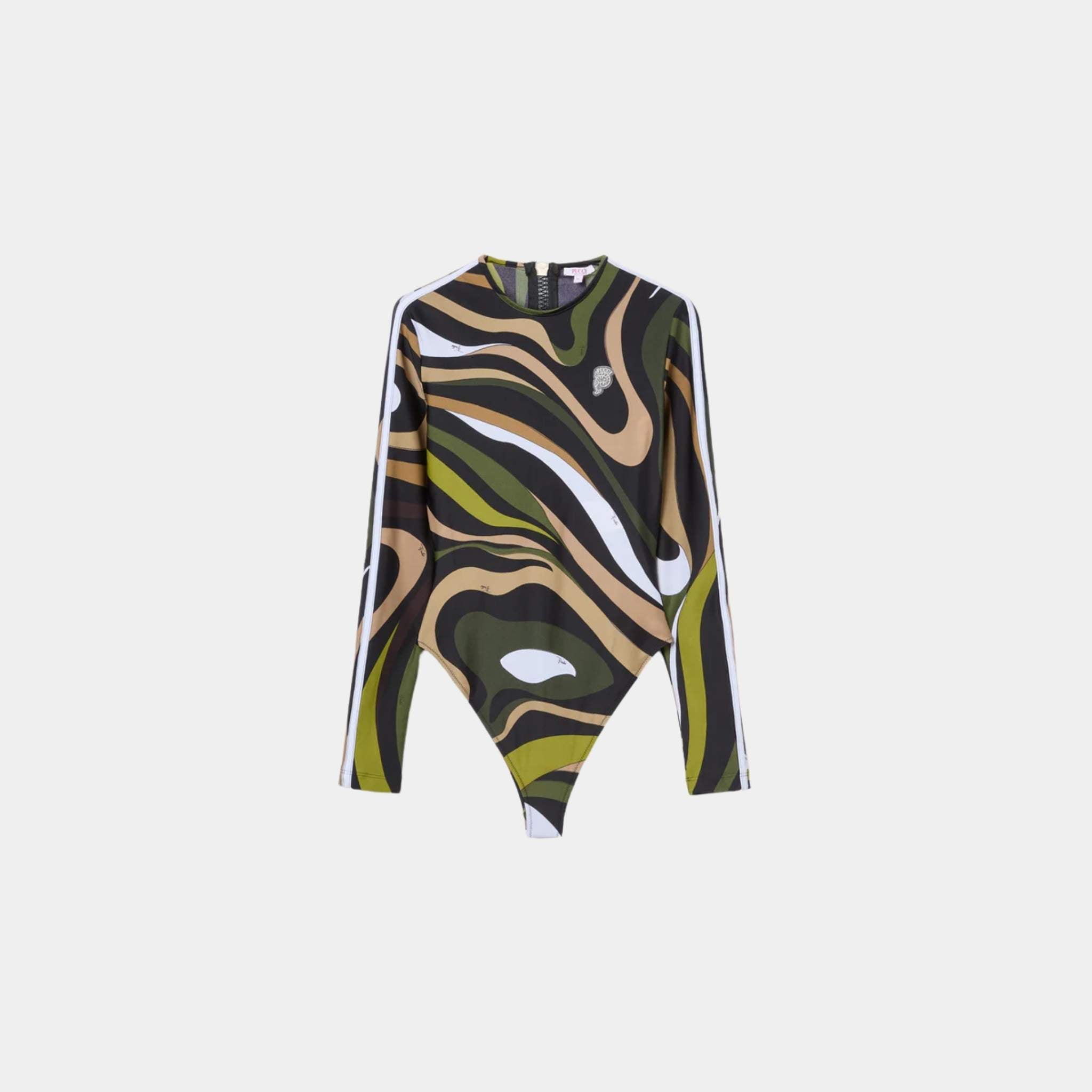 Pucci Marmo Print Long Sleeve Swimsuit, Khaki, Front