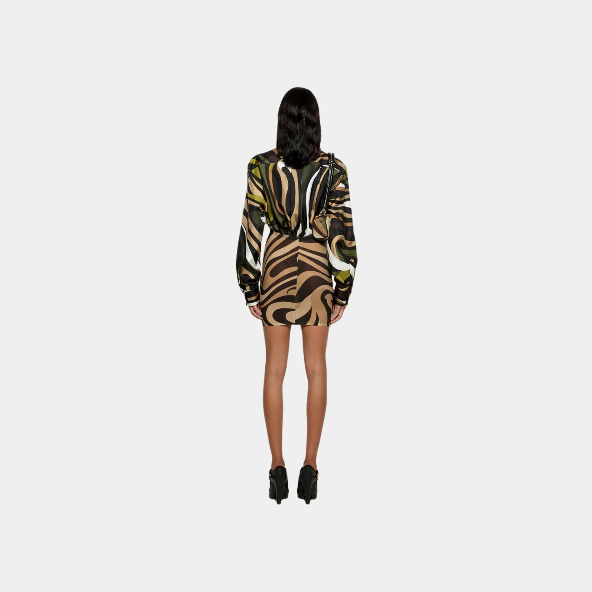 Pucci Marmo Print Long Sleeves Mini Dress, Khaki, Back