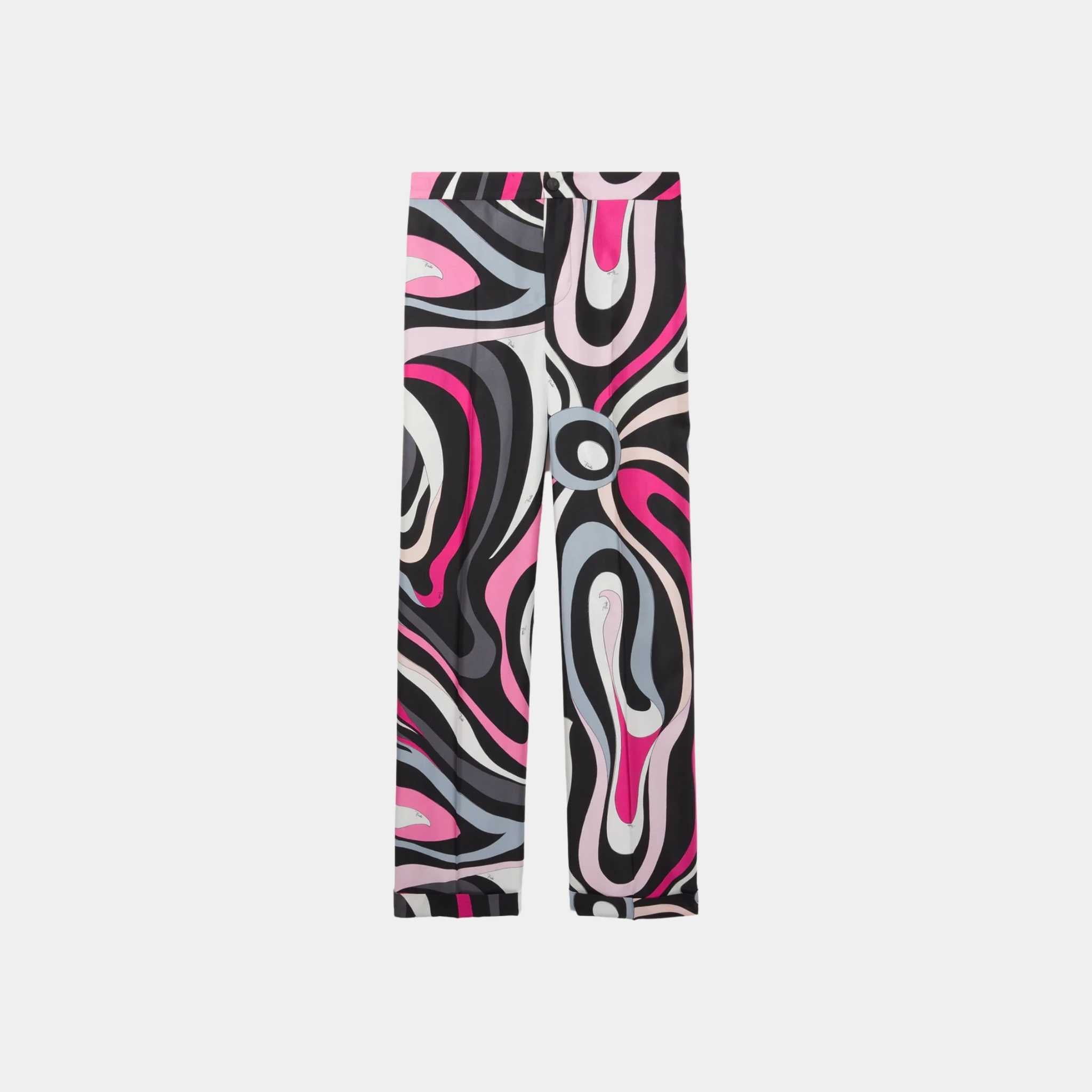 Pucci Marmo Print Straight Silk Twill Pants, Black, Fuchsia, Front