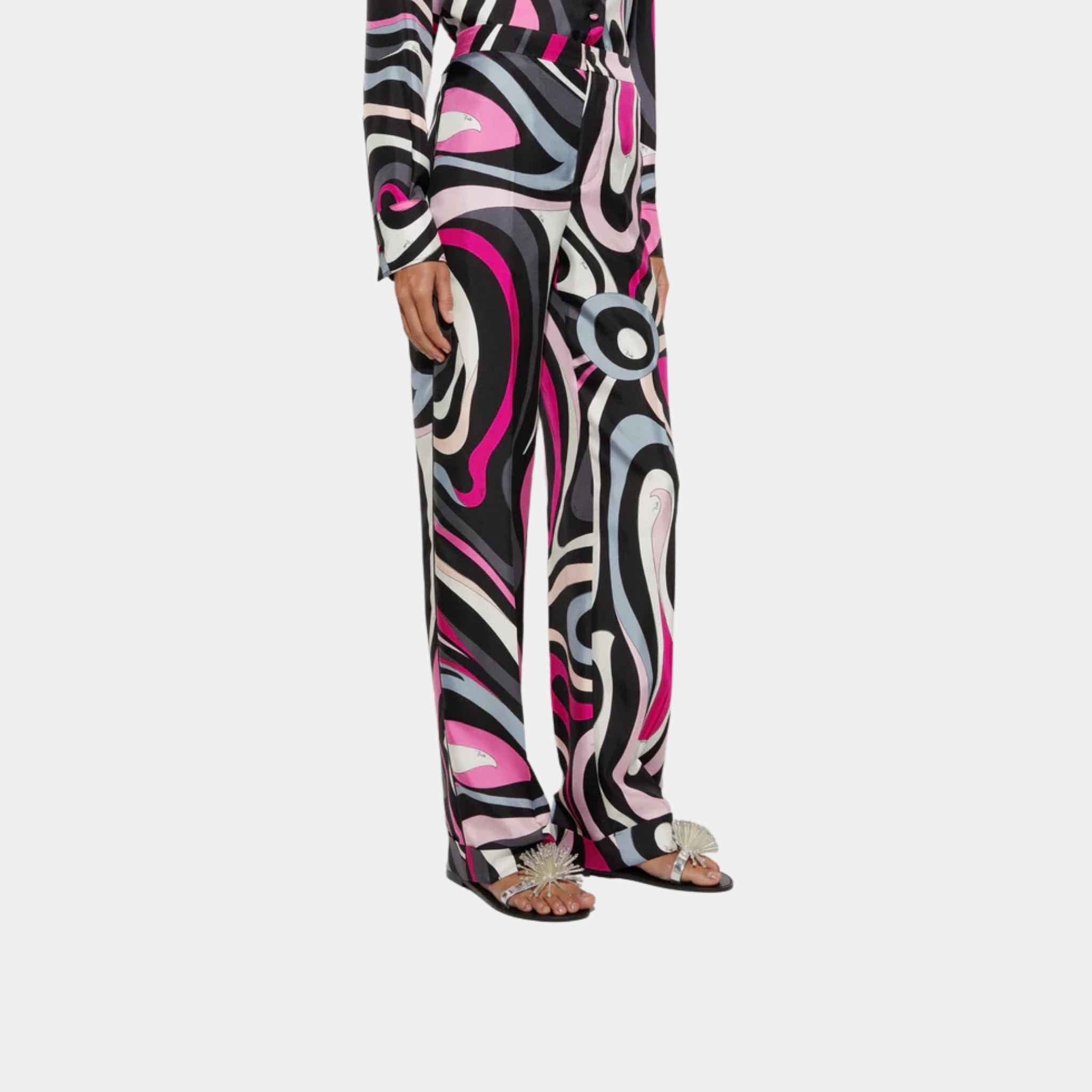 Pucci Marmo Print Straight Silk Twill Pants, Black, Fuchsia, Side
