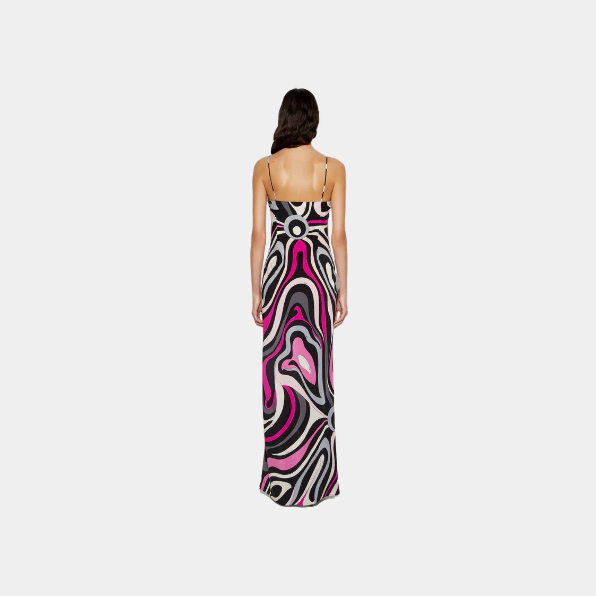 Pucci Marmo Print V-Neck Silk Dress, Black, Fuchsia, Back