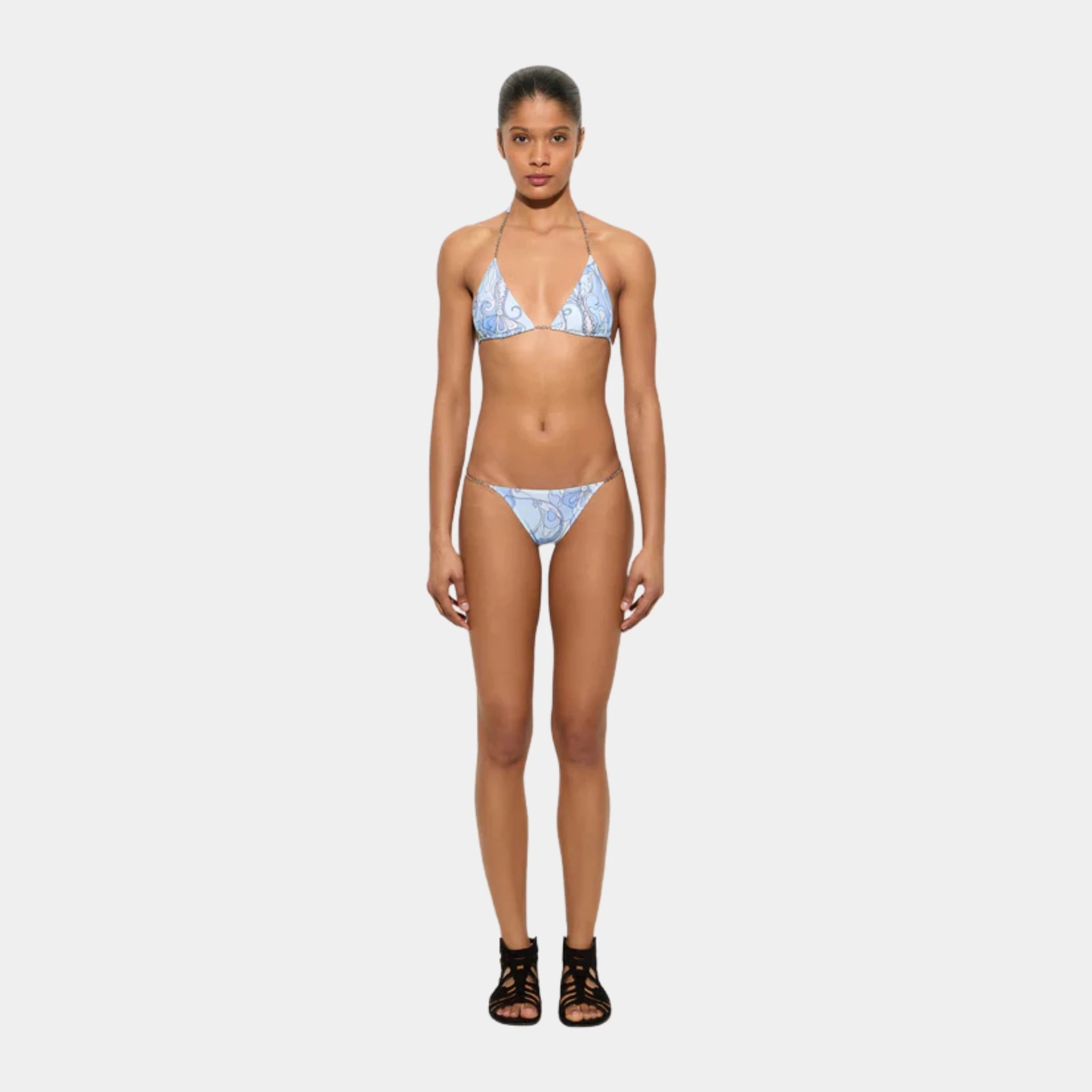 Pucci Orchidee Print Triangle Bikini Top, Pale Blue, Model, Front