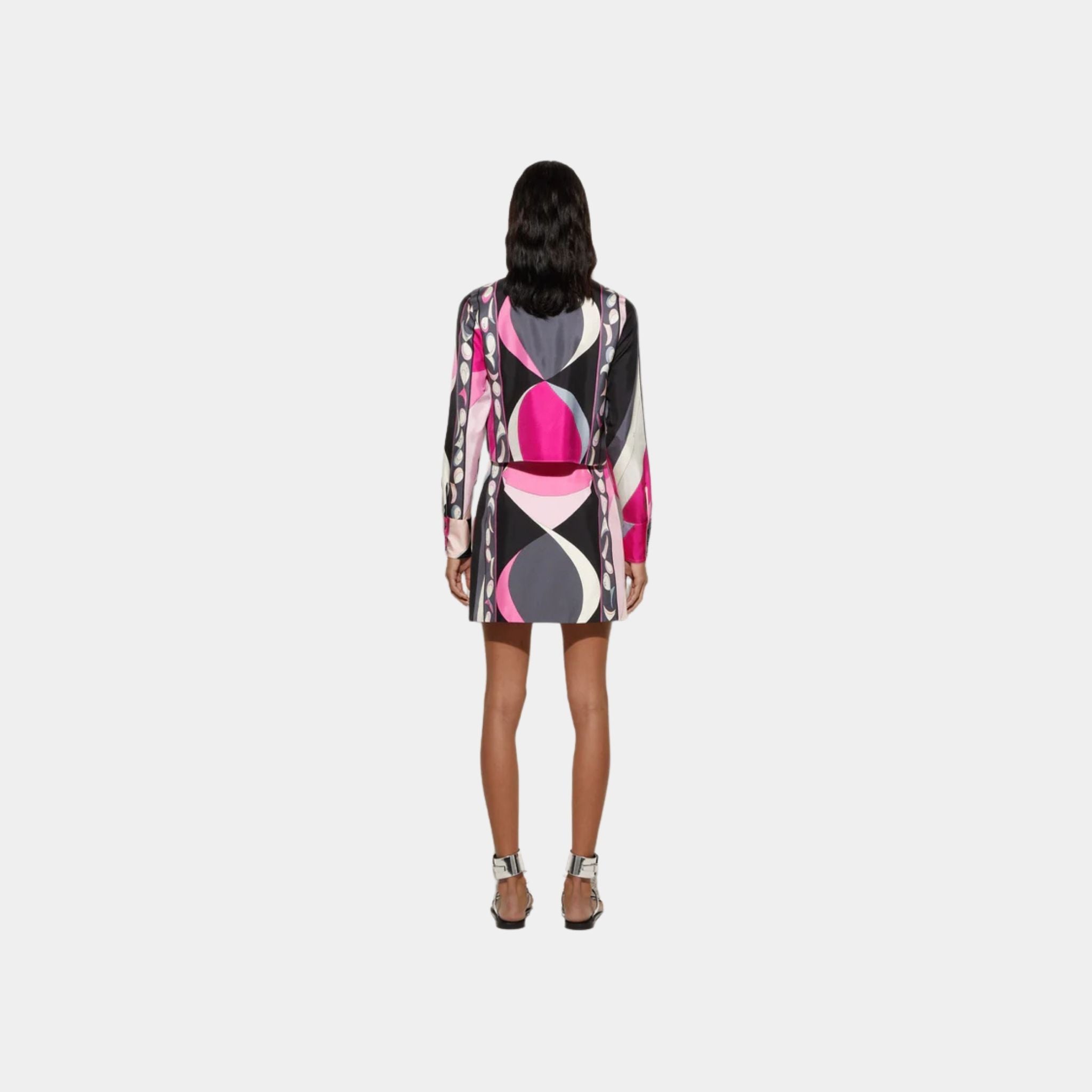 Pucci Pesci Print Cropped Silk Shirt, Black, Fuchsia, Back