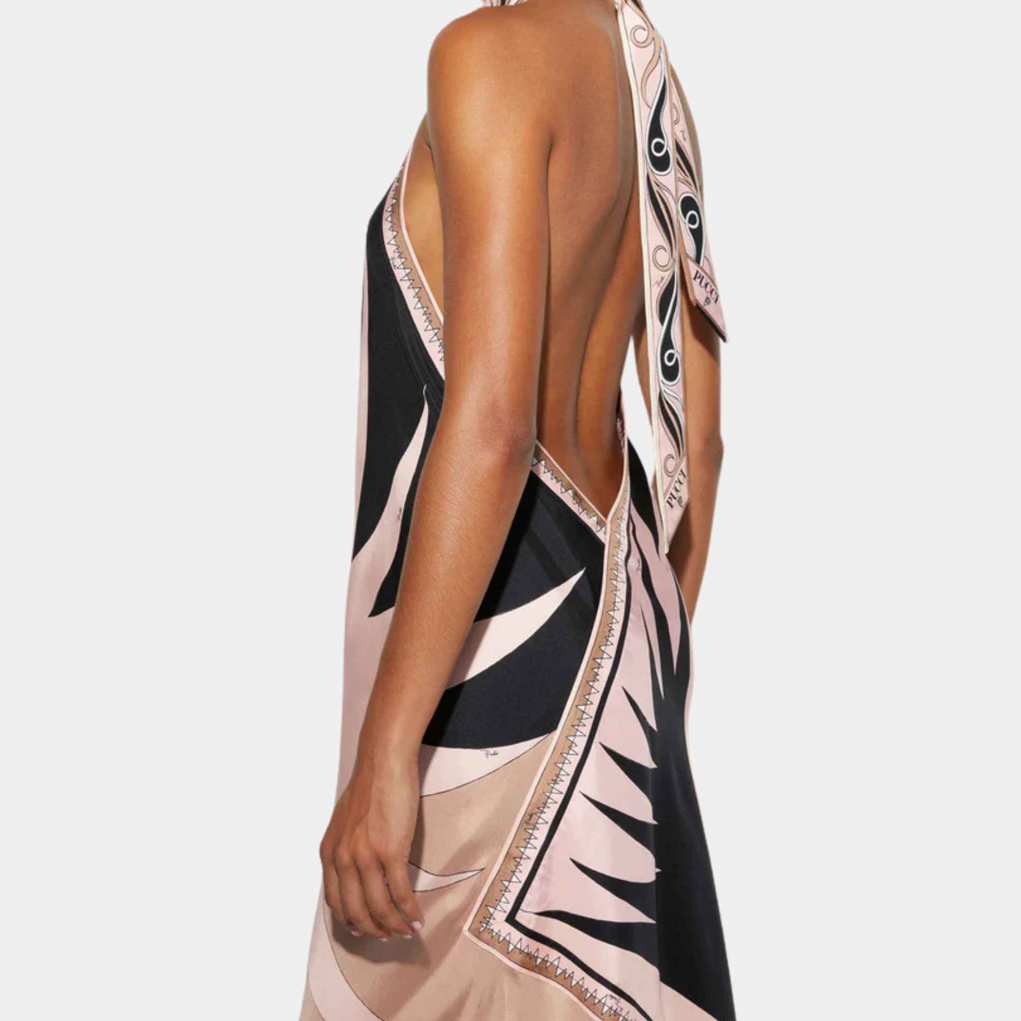 Pucci Stella Print Silk Twill Asymmetrical Dress, Black, Nude, Back