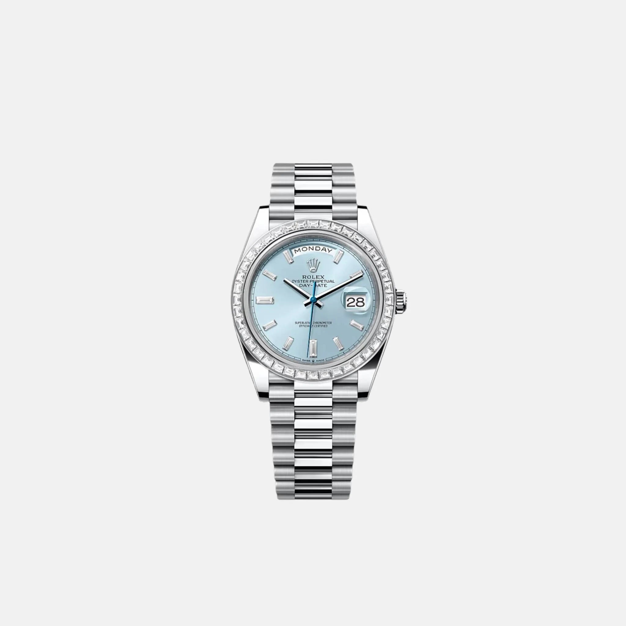 Rolex Day-Date 40 228396TBR Platinum Ice Blue Dial Baguette Bezel