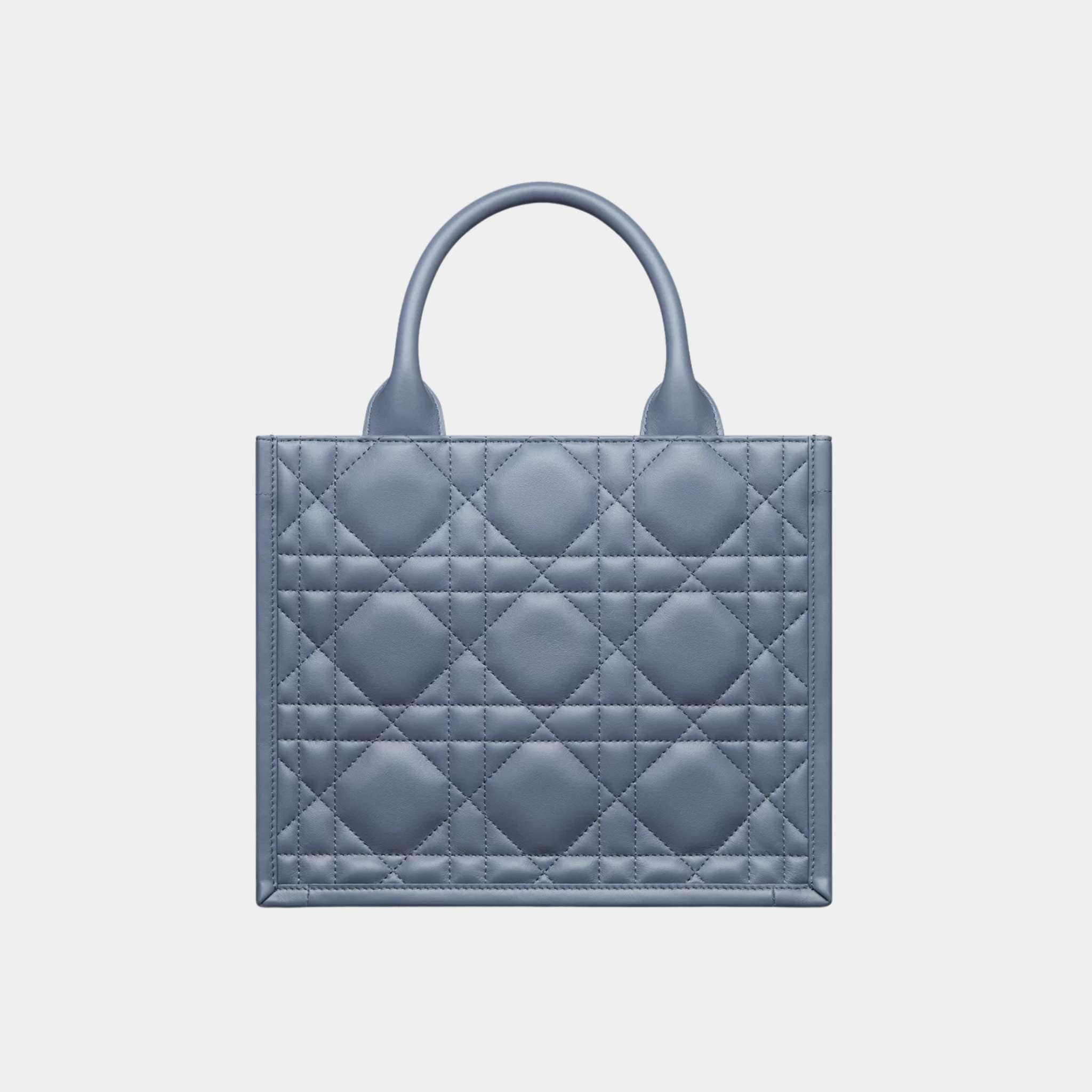 Small Dior Book Tote Macrocannage Calfskin, Denim Blue, Back