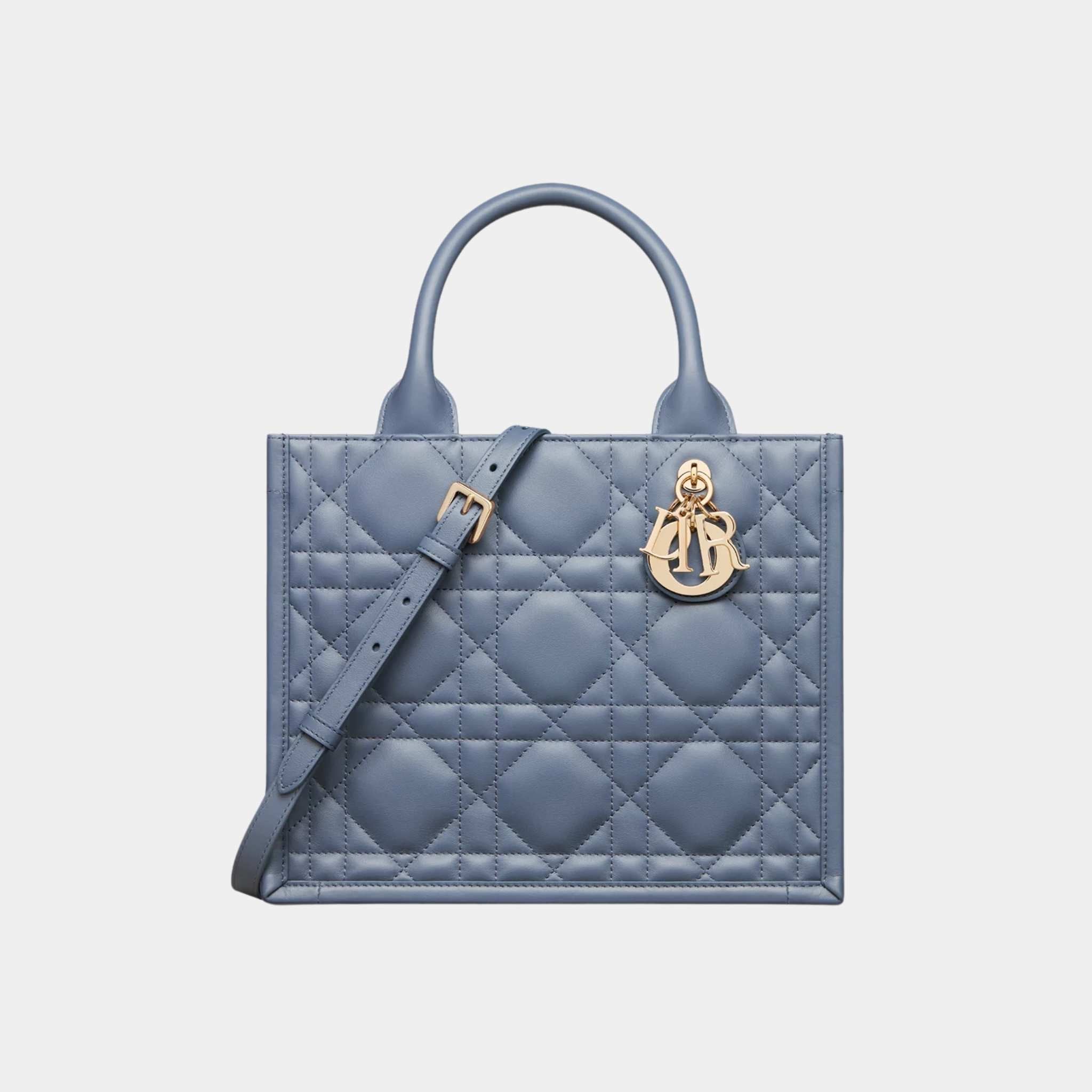 Small Dior Book Tote Macrocannage Calfskin, Denim Blue, Front