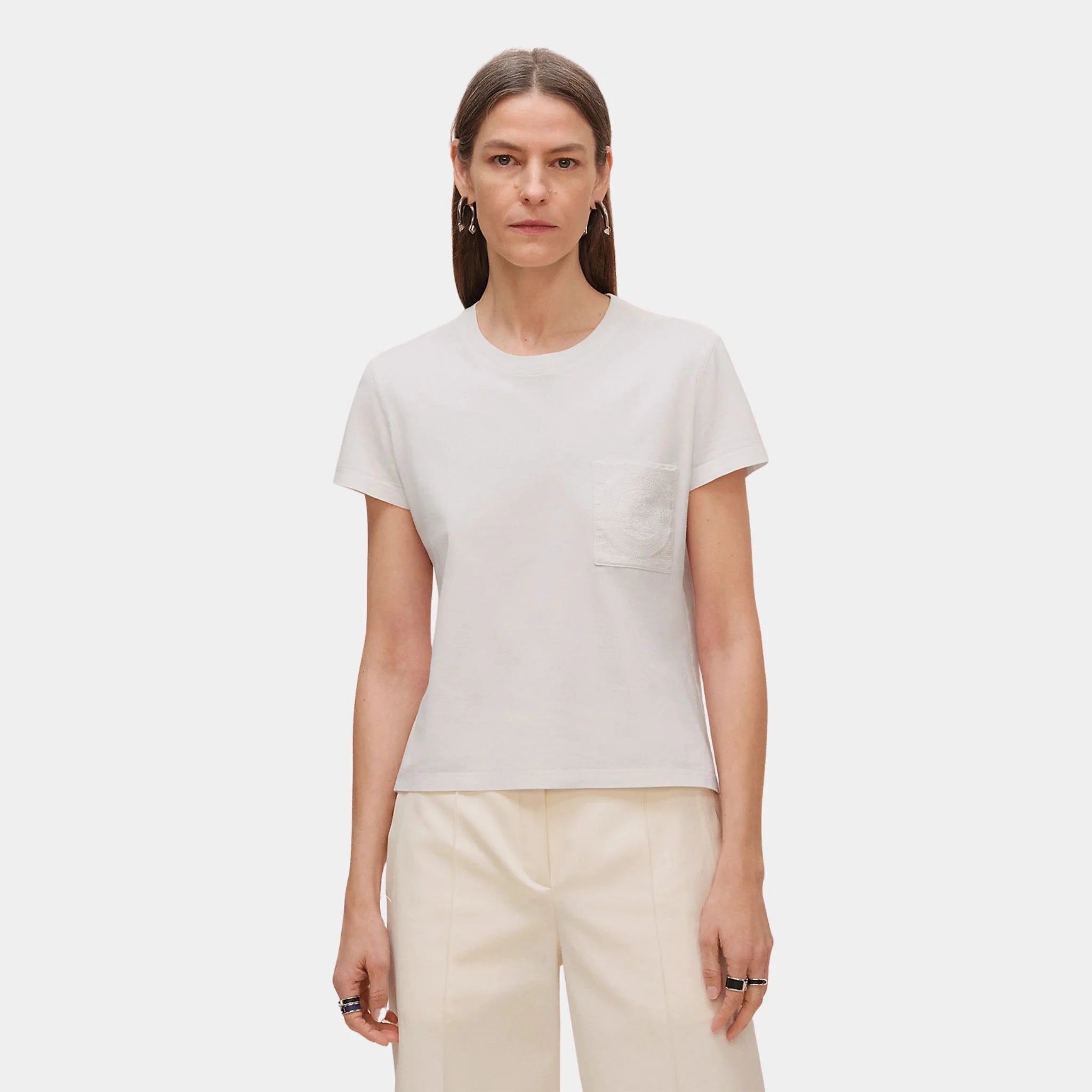 Hermes Straight T-shirt with Embroidered Pocket, Blanc, Front