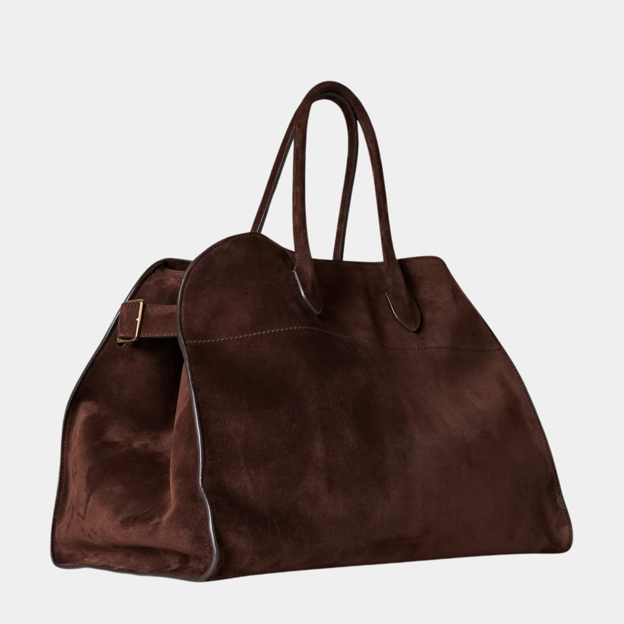 The Row Soft Margaux 17 Bag In Suede Mocha, Front, Side
