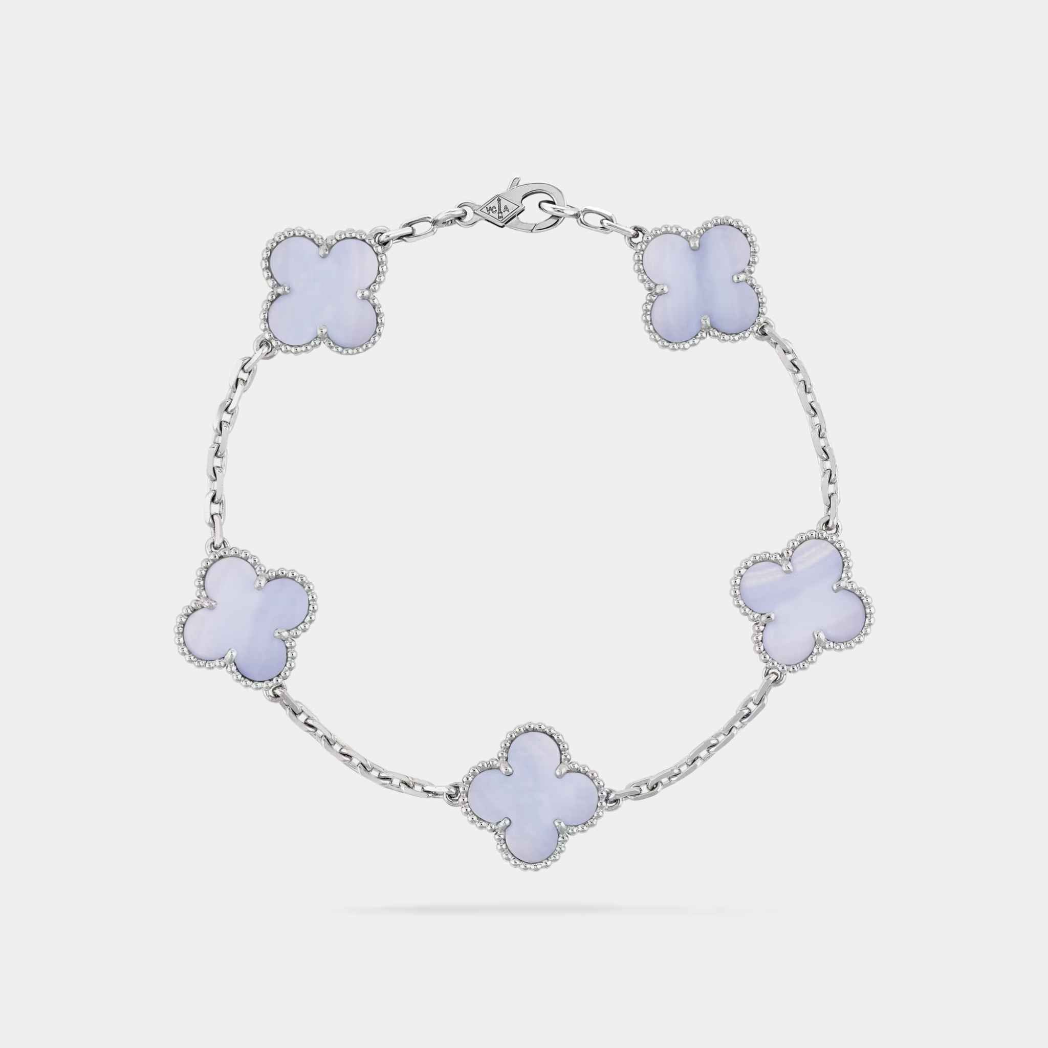 Van Cleef & Arpels Alhambra White Gold Motifs Bracelet Chalcedony, Front View, Linked