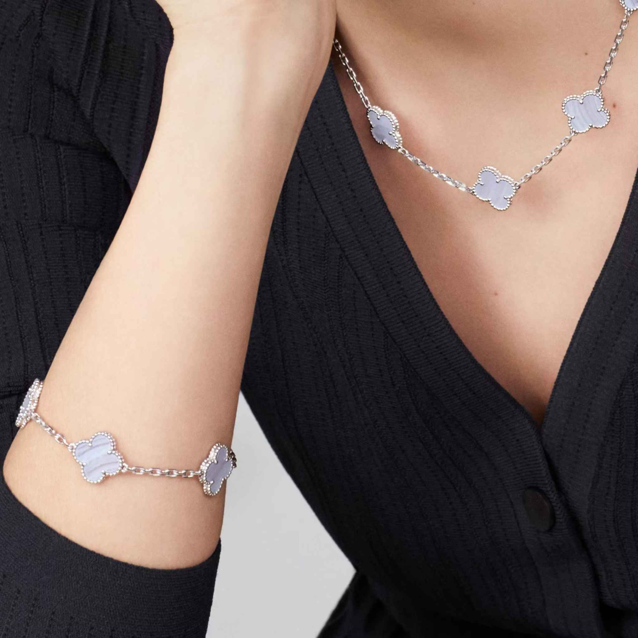 Van Cleef & Arpels Alhambra White Gold Motifs Bracelet Chalcedony, Hand model
