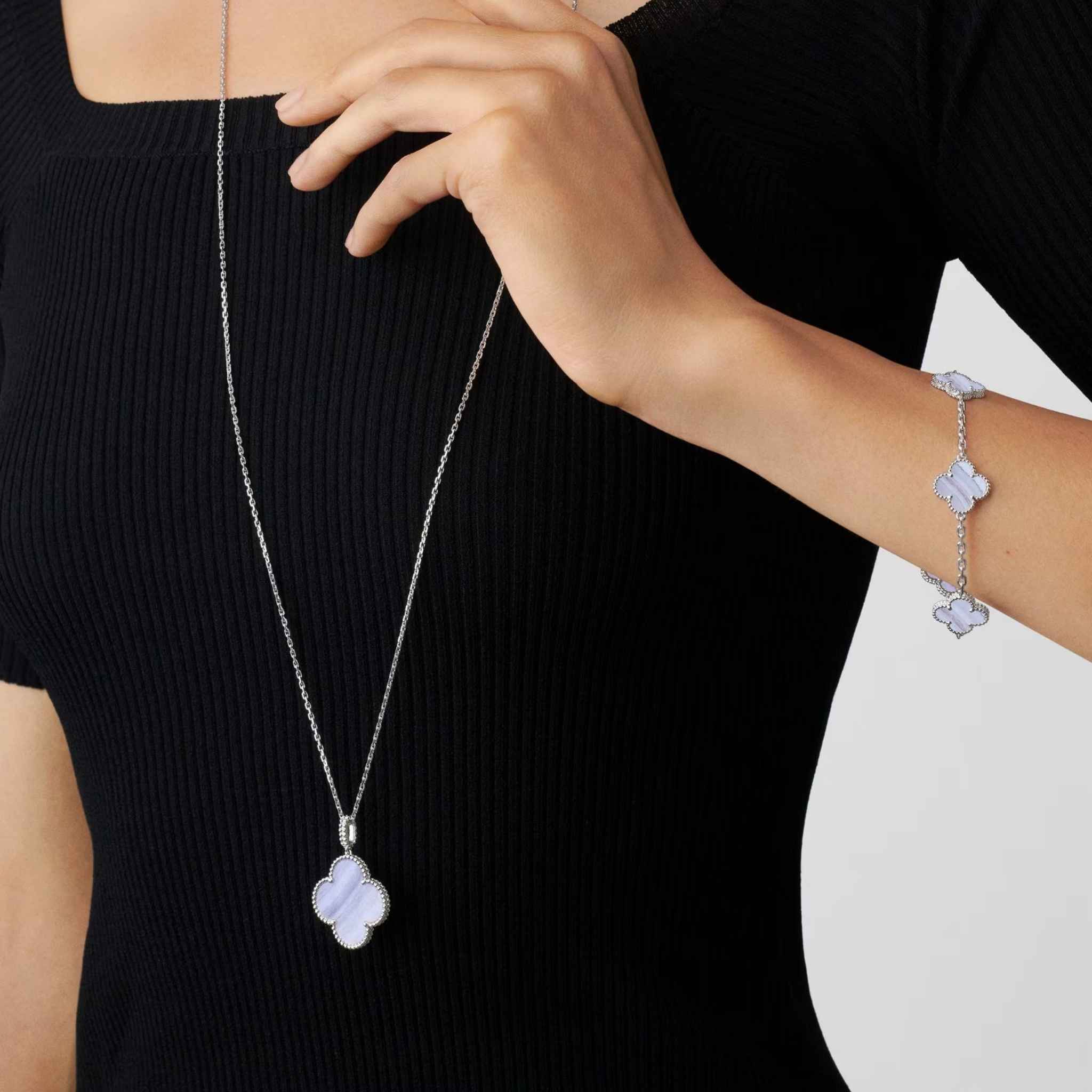 Van Cleef & Arpels Alhambra White Gold Motifs Bracelet Chalcedony, Model, Closeup