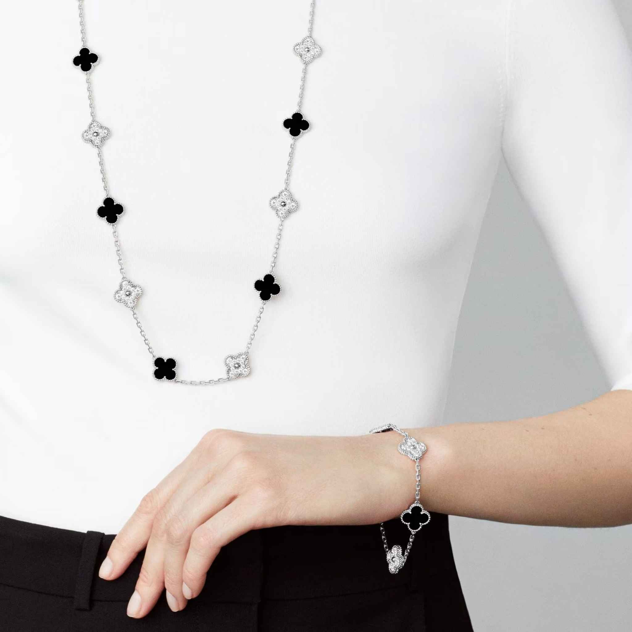 Van Cleef & Arpels Alhambra White Gold Motifs Bracelet Diamond Onyx, Hand Model