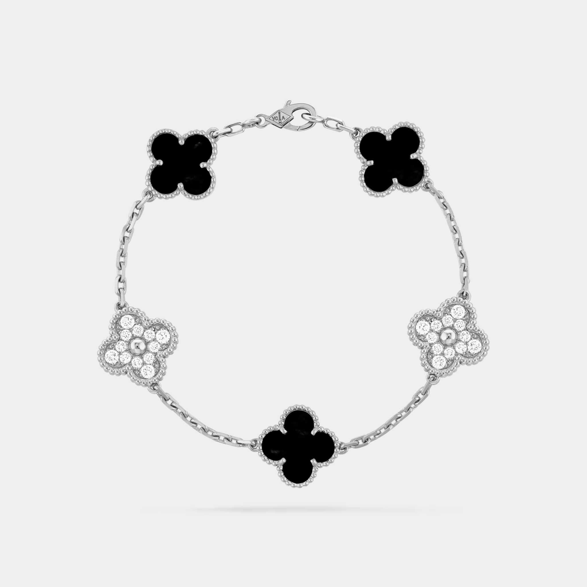 Van Cleef & Arpels Alhambra White Gold Motifs Bracelet Diamond Onyx, Linked Front view