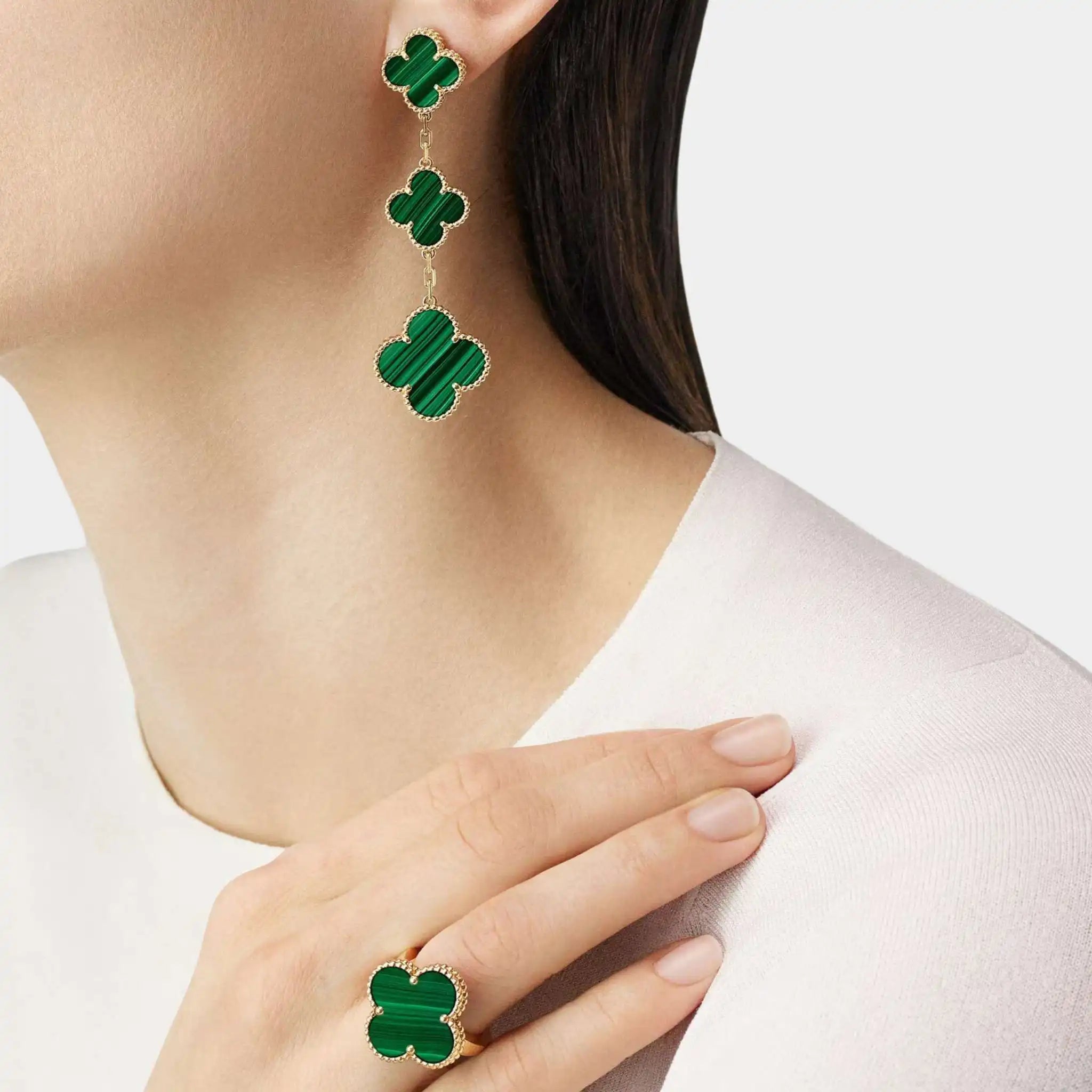 Van Cleef & Arpels Magic Alhambra Earrings 3 Motifs Gold Malachite, Model