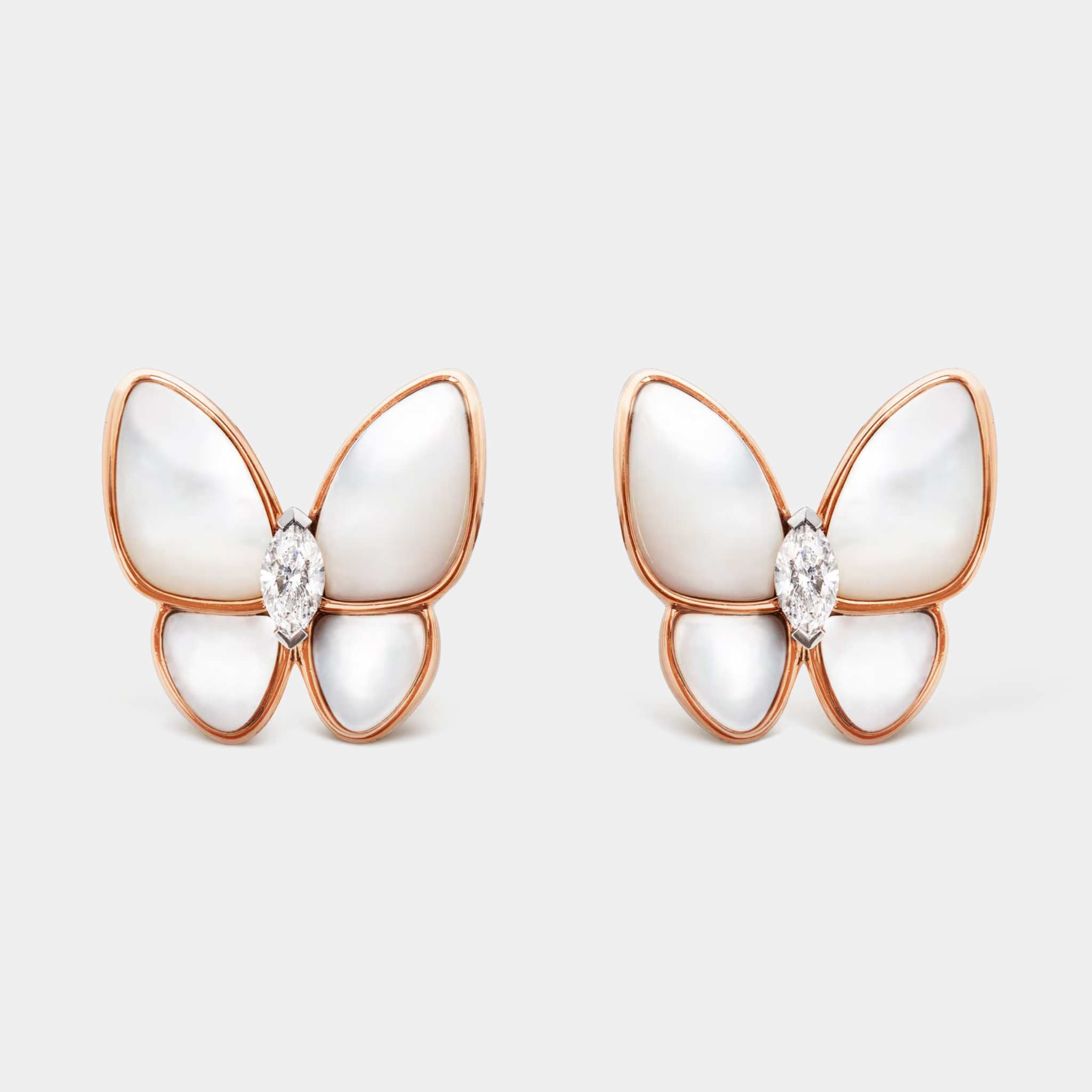 Van Cleef & Arpels Two Butterfly Earrings Rose Gold Diamond Pearl,Front