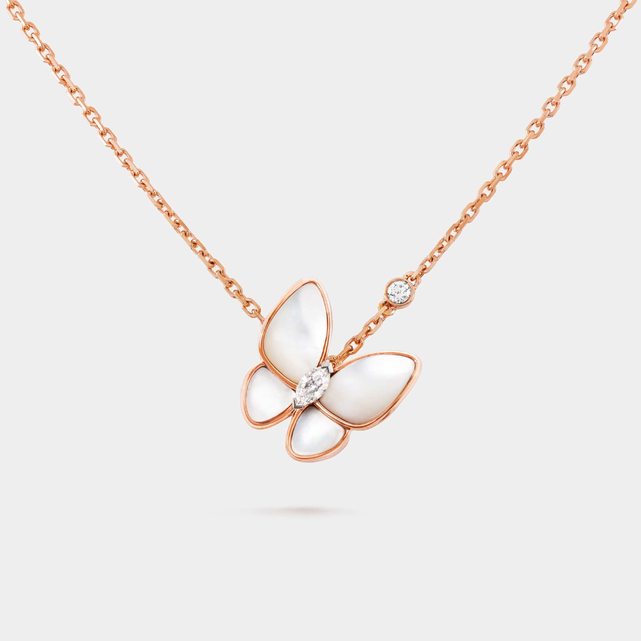 Van Cleef & Arpels Two Butterfly Pendant Rose Gold Diamond With Pearl, Front