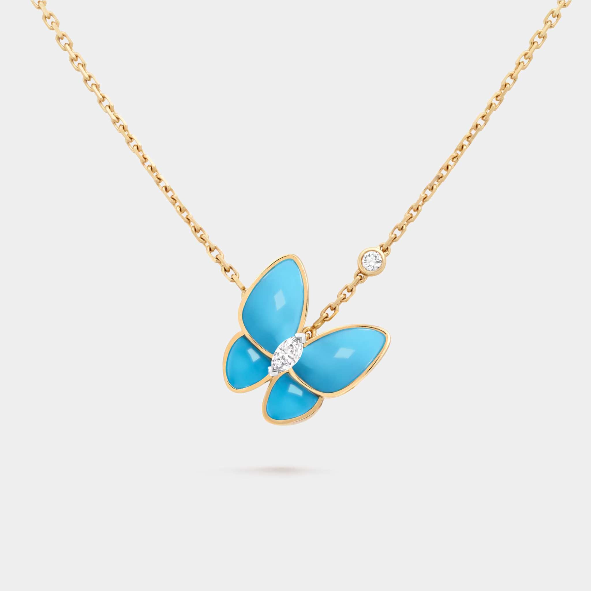 Van Cleef & Arpels Two Butterfly Pendant Yellow Gold Diamond Turquoise, Front