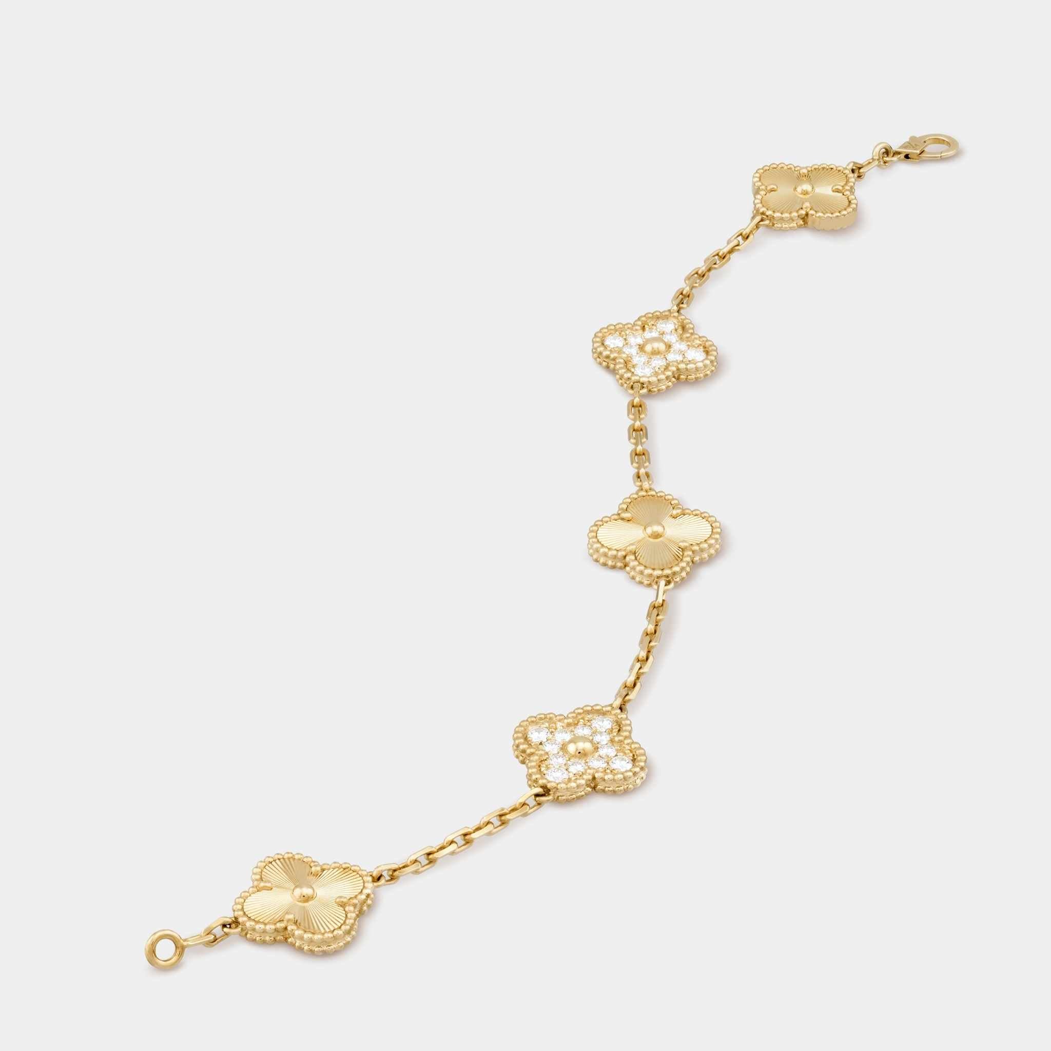 Van Cleef & Arpels Vintage Alhambra Bracelet 5 motifs, Gold with diamonds