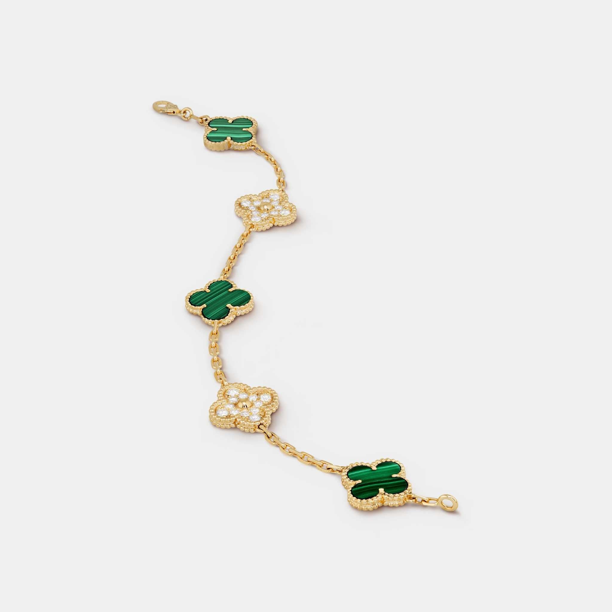 Van Cleef & Arpels Alhambra Gold Motifs Bracelet Diamond Malachite, Unlinked Closeup