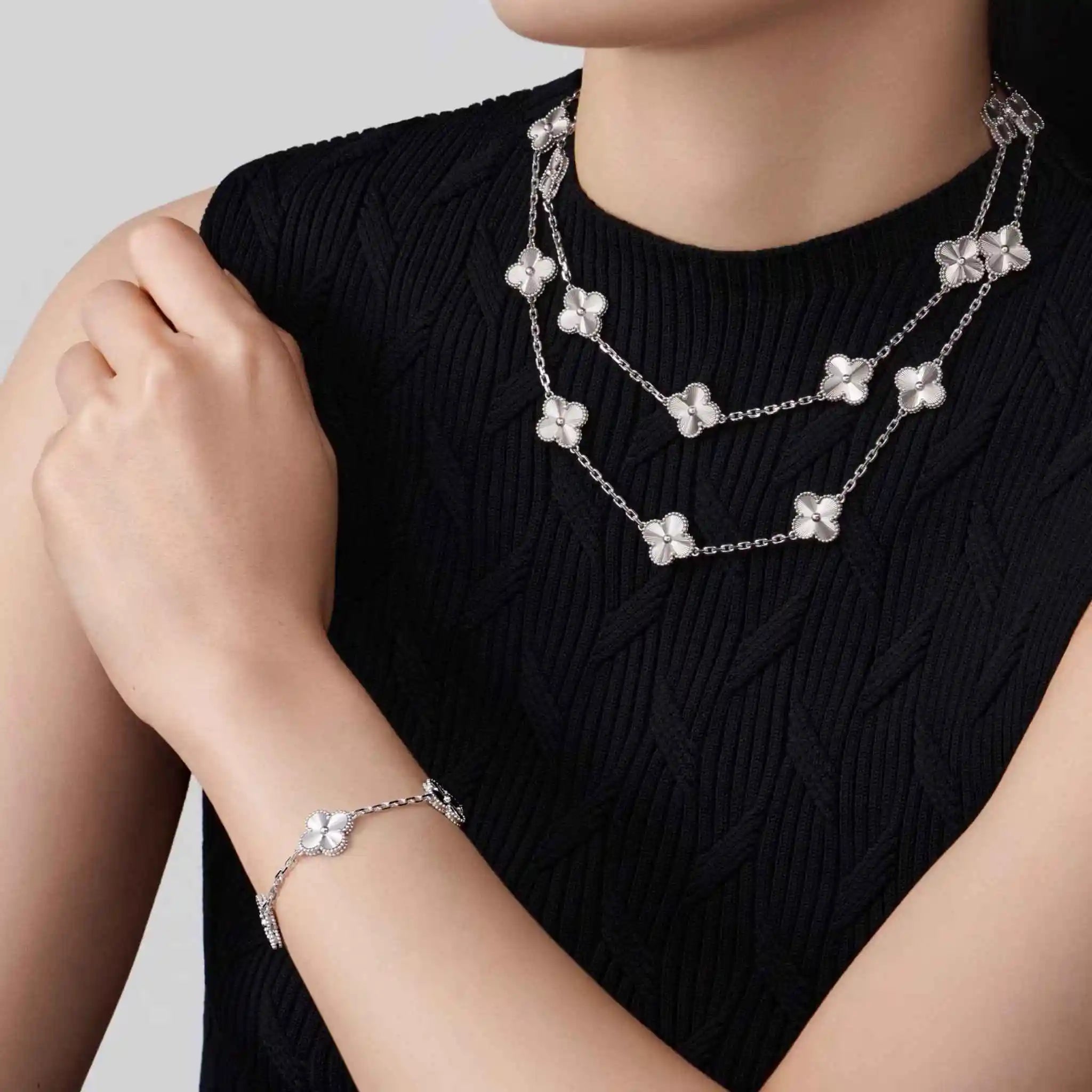 Van Cleef & Arpels Vintage Alhambra White Gold Bracelet , Model Closeup