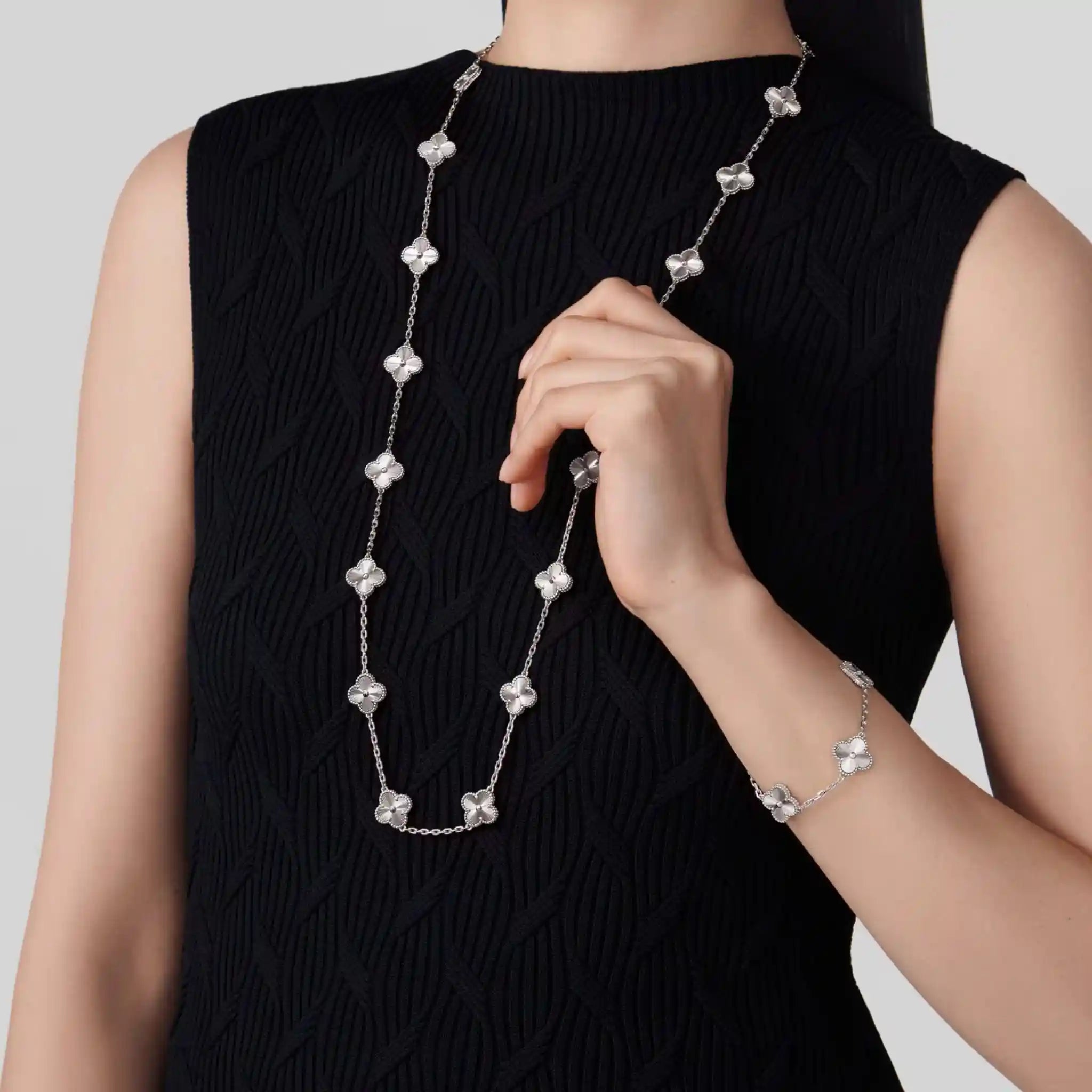 Van Cleef & Arpels Vintage Alhambra White Gold Bracelet , Model Sideview