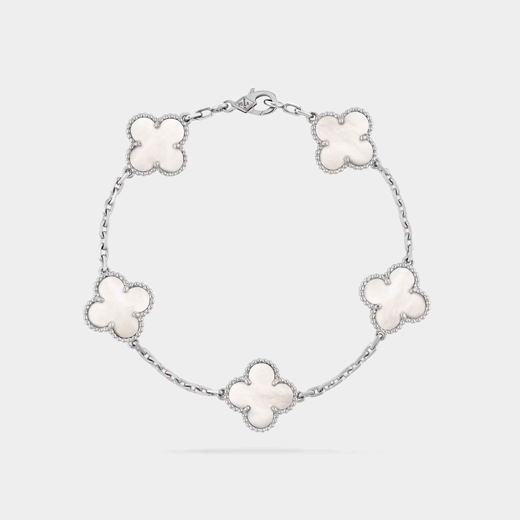 Van Cleef & Arpels Vintage Alhambra White Gold Bracelet Mother Of Pearl, Linked