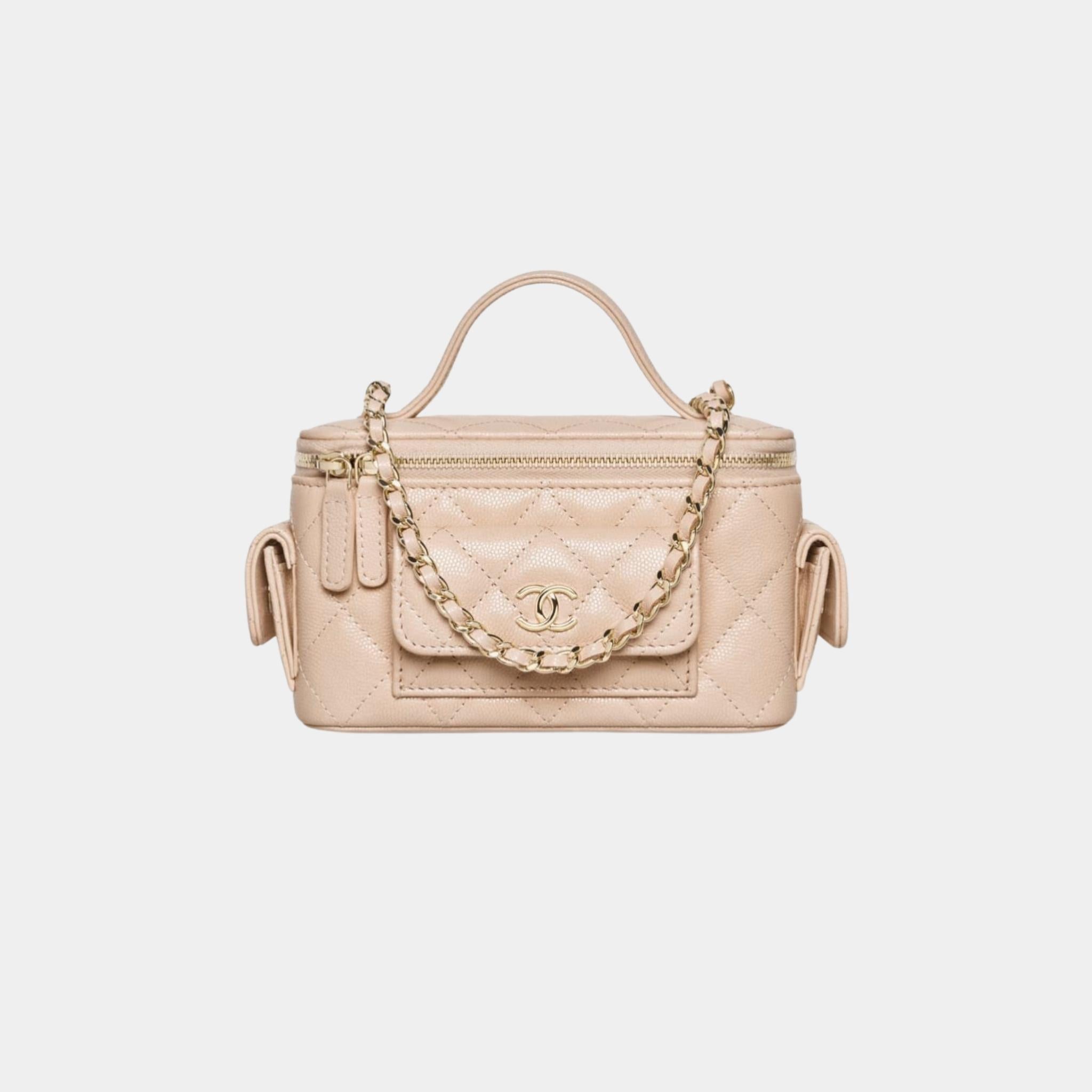 Chanel Vanity with Chain in Grained Shiny Calfskin and Gold Tone, Beige