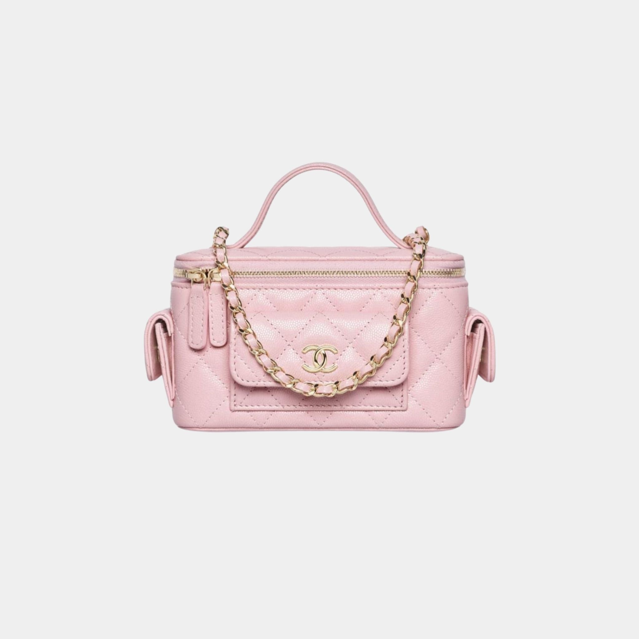 Chanel Vanity with Chain in Grained Shiny Calfskin and Gold Tone, Light Pink
