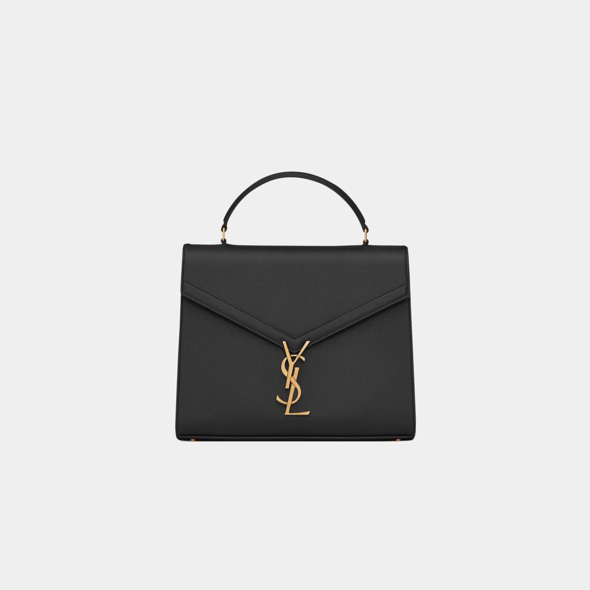Yves Saint Laurent Cassandra Medium Top Handle Bag In Grain De Poudre, Black, Front