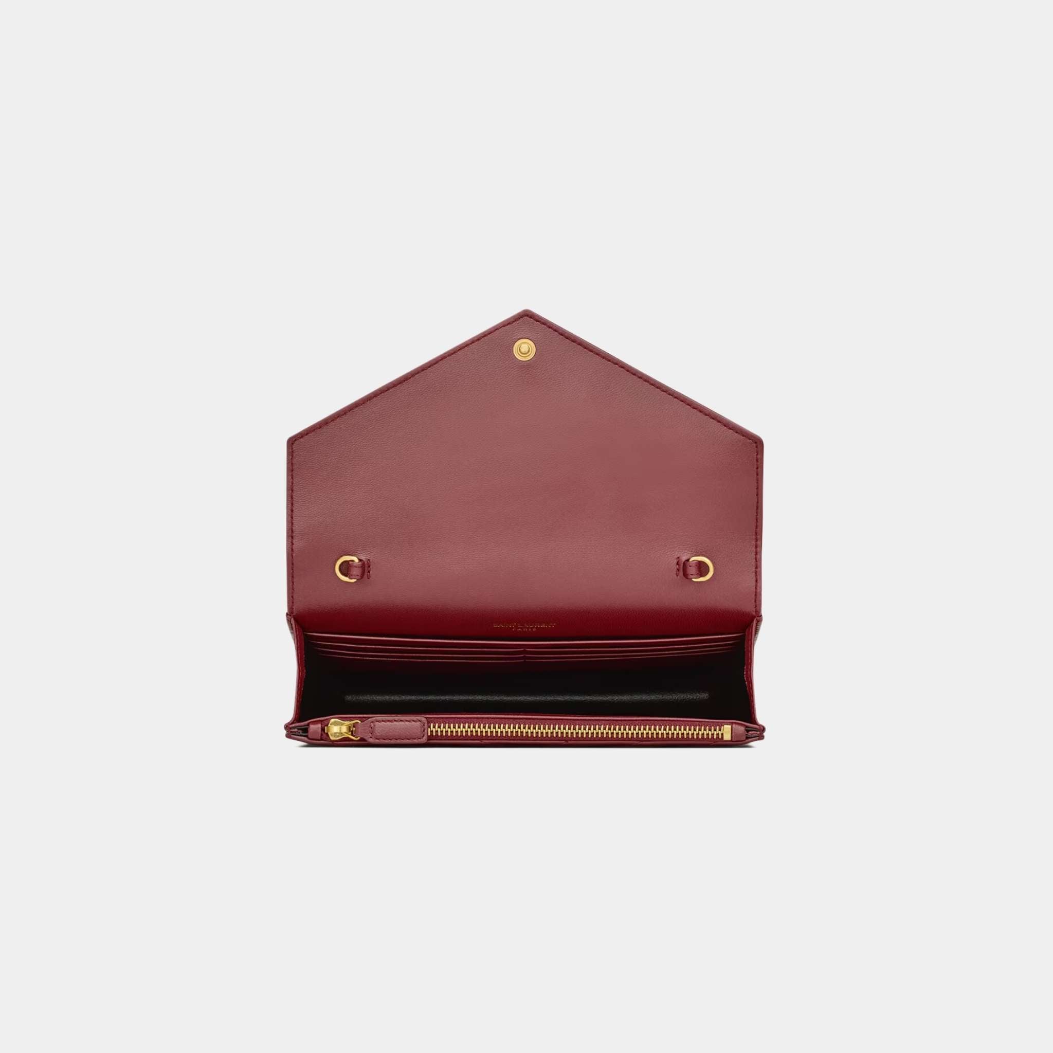 Yves Saint Laurent Cassandre Envelope Chain Wallet In Lambskin, Rouge Merlot, Top